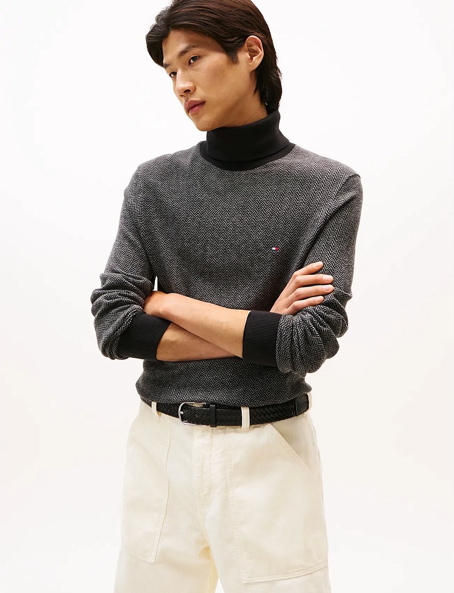 Tommy Hilfiger - PIMA CTN CASH HERRINGBONE ROLL - kõrge kaelusega - black medium grey htr - 0