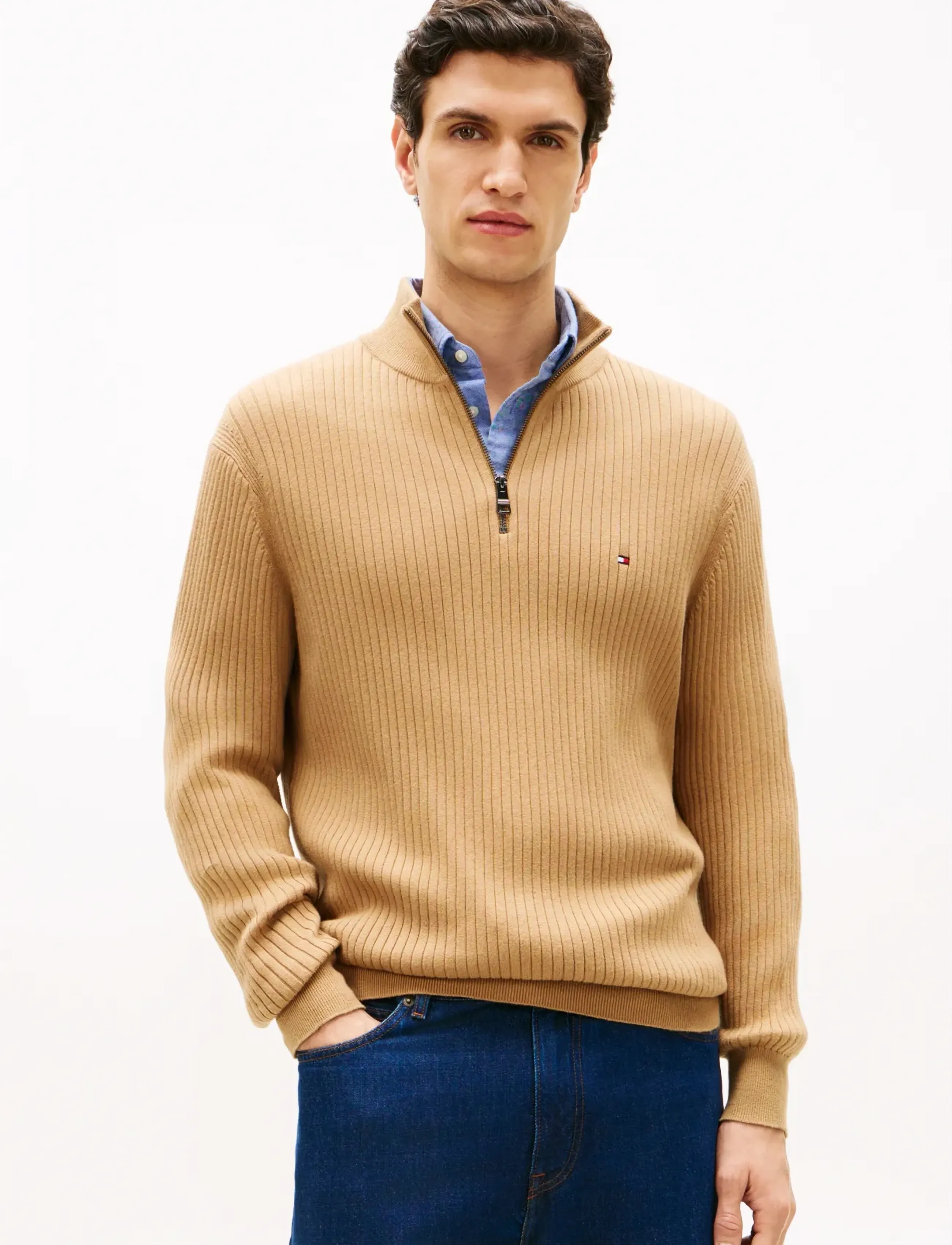 Tommy Hilfiger PIMA CTN CASH STRUCTURE ZIP MOCK - Tommy Hilfiger - TIMELESS CAMEL / beige