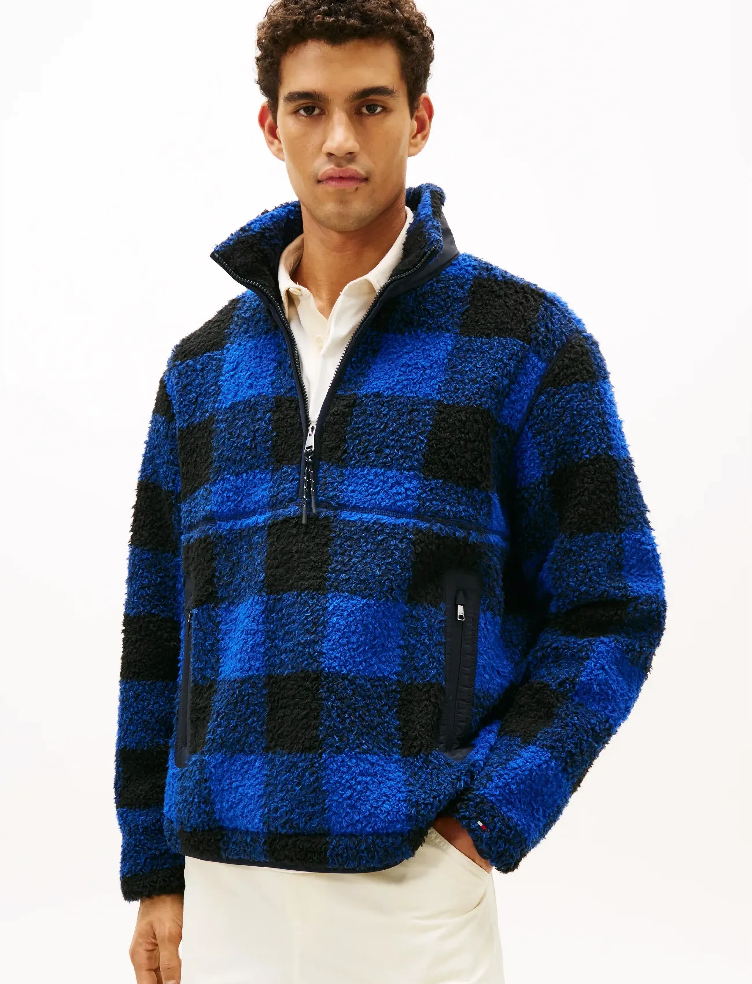 Tommy Hilfiger Teddy Fleece Check Pull Over, XL, Blue, Sweatshirts & Hoodies > Fleeces, Herre