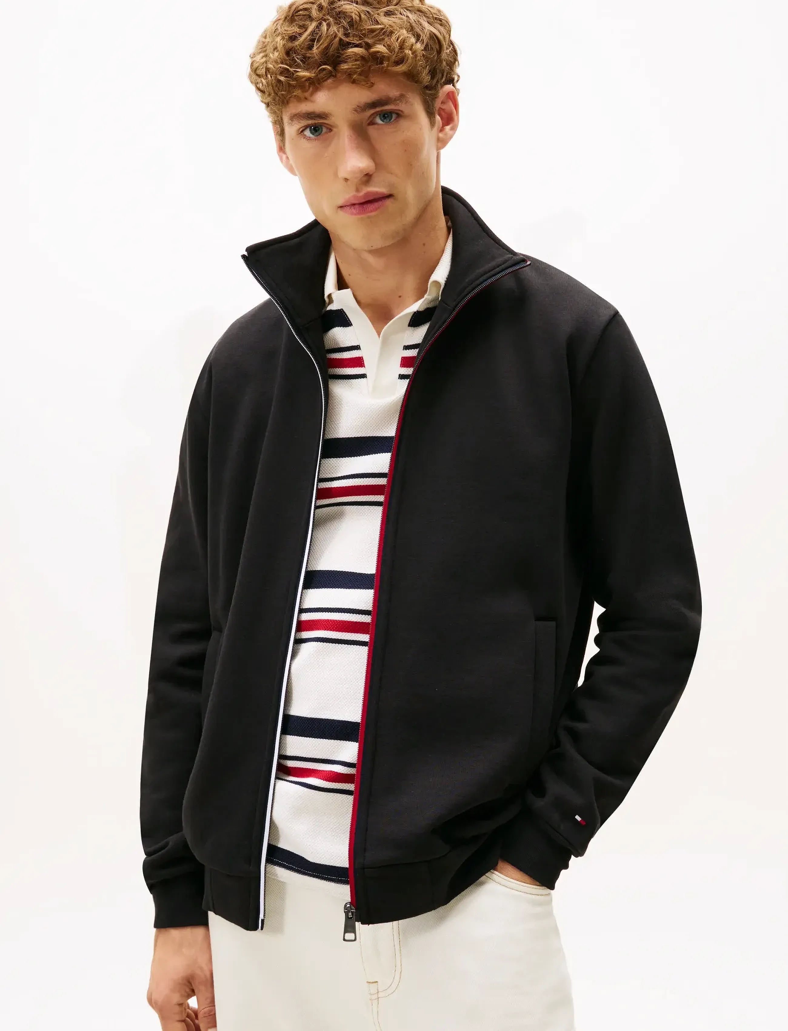 Tommy Hilfiger Global Stripe Zip Through, Mænd, Stribet Lynlåssweatshirt, Sort, Str: M
