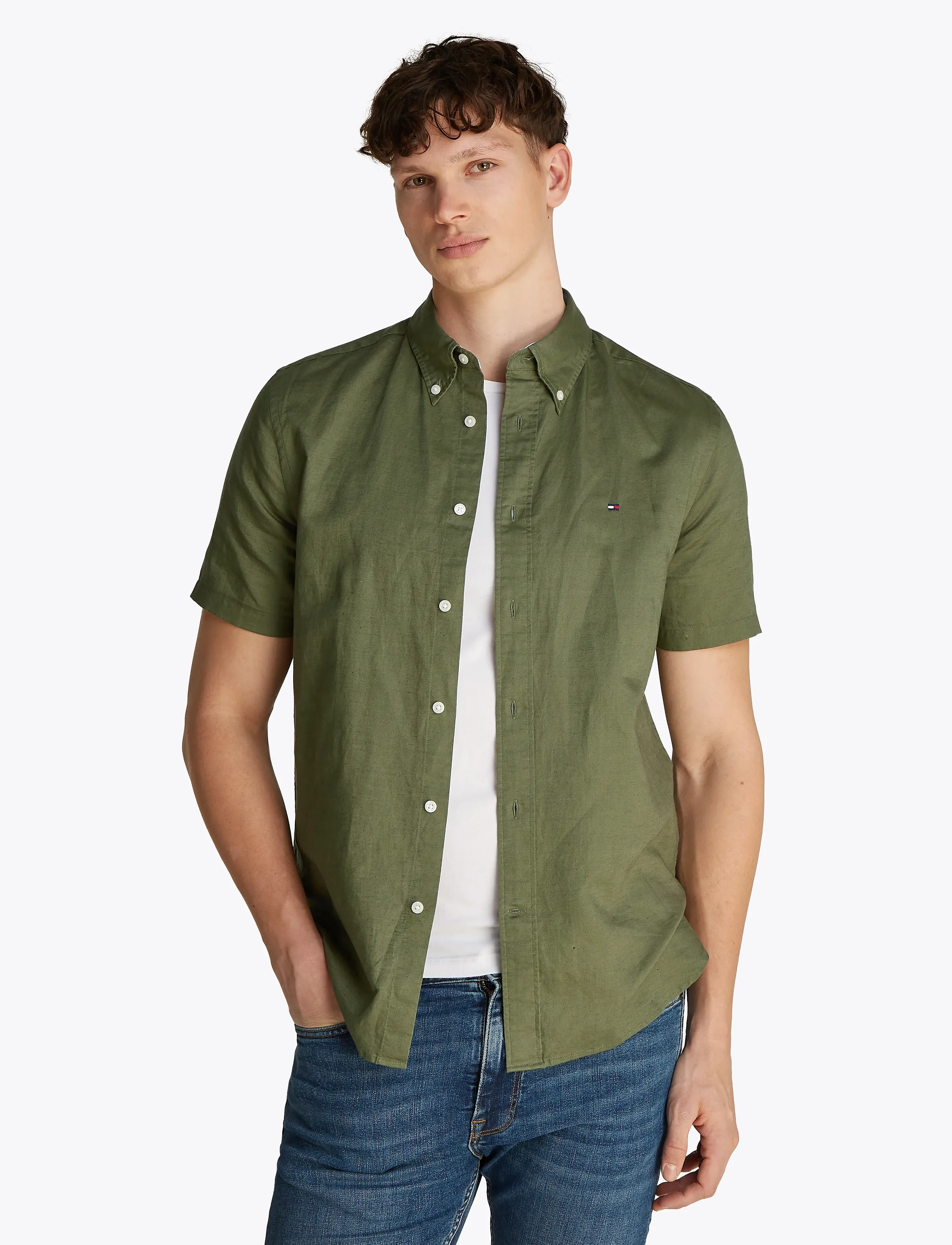 Tommy Hilfiger LINEN BLEND SOLID  SS RF SHIRT - Tøj - BATTLE GREEN / green