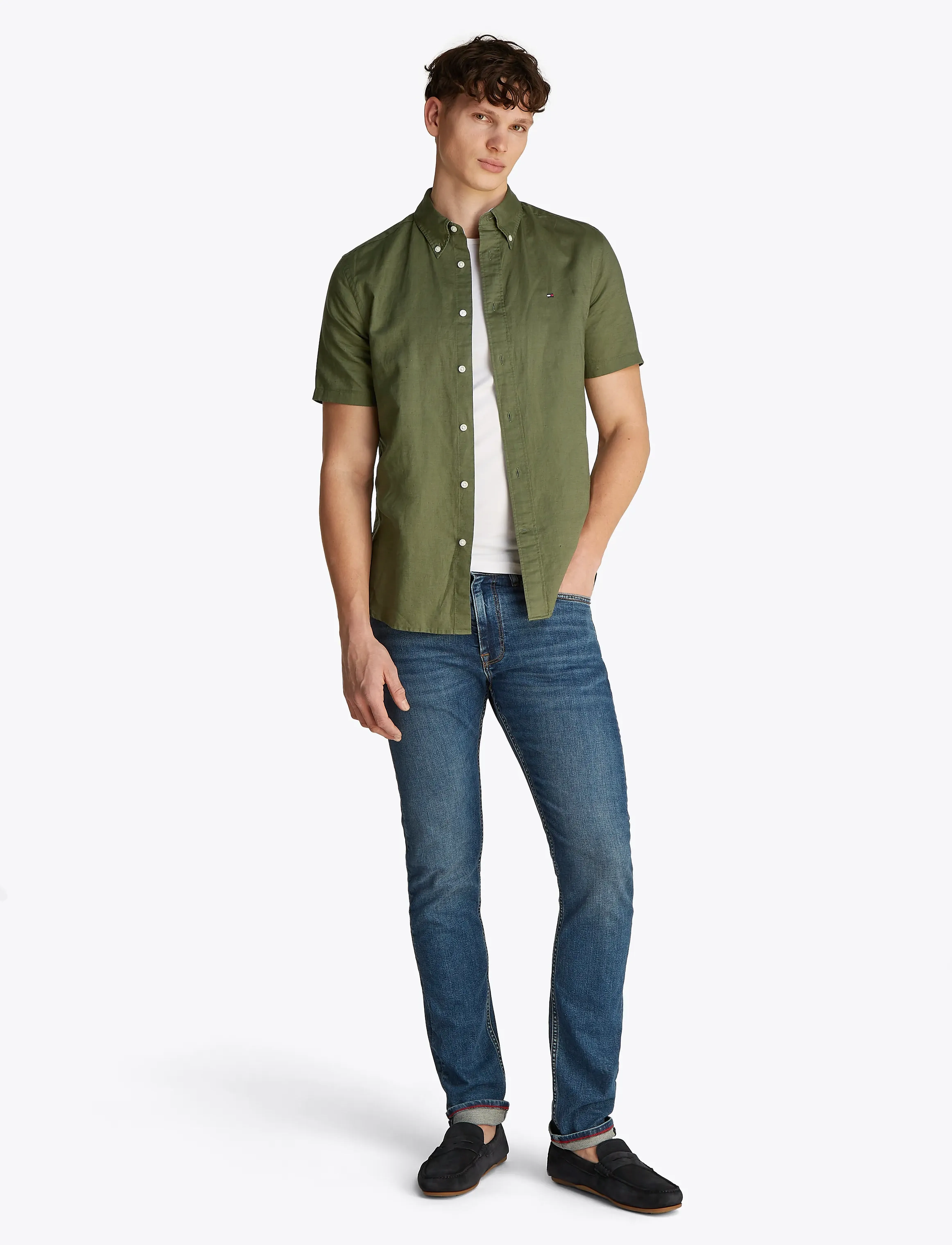 Tommy Hilfiger - LINEN BLEND SOLID  SS RF SHIRT - kortärmade skjortor - battle green - 4