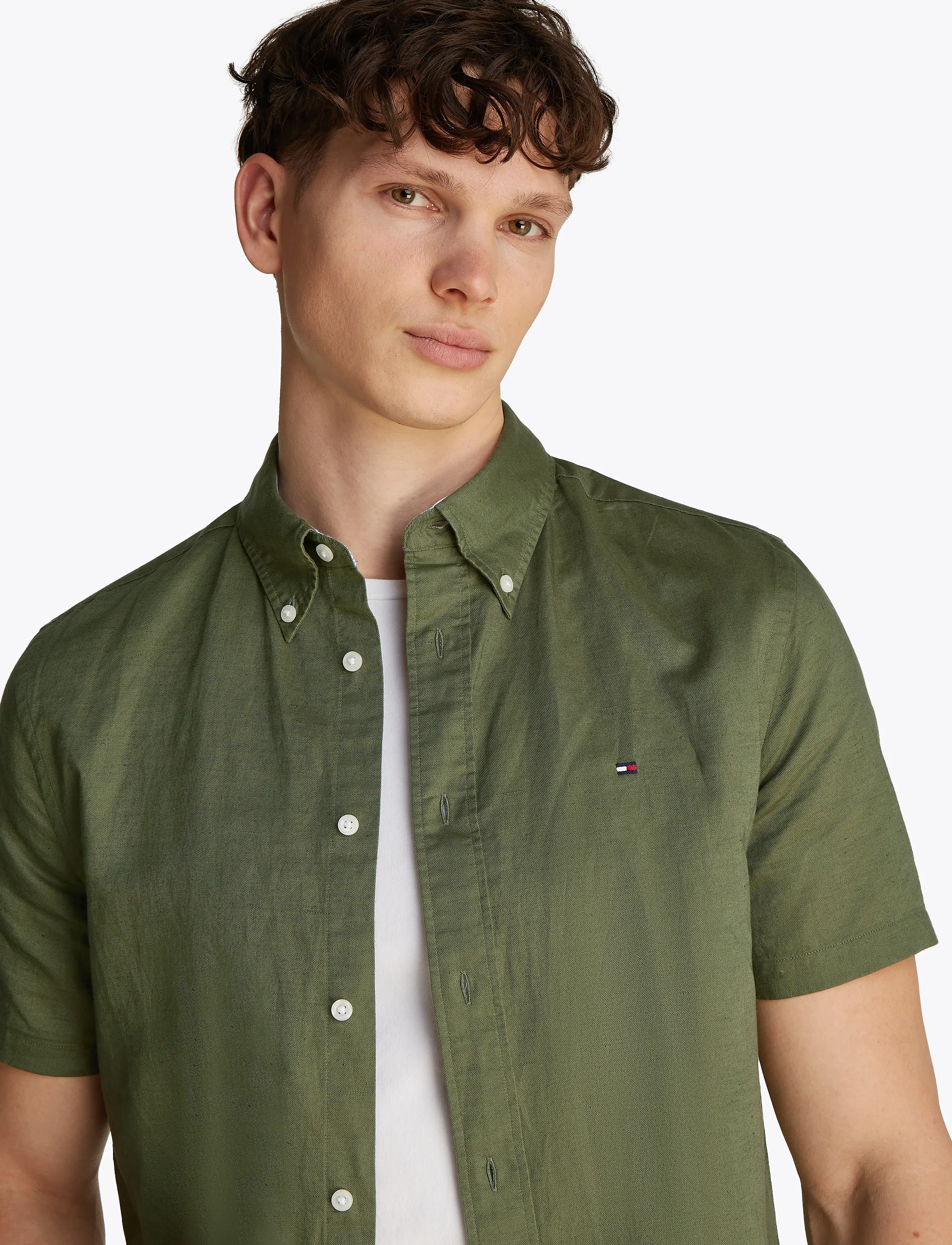 Tommy Hilfiger - LINEN BLEND SOLID  SS RF SHIRT - kortärmade skjortor - battle green - 5