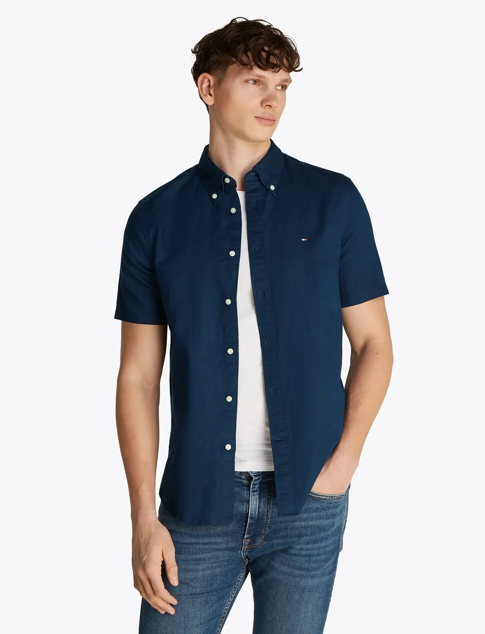 Tommy Hilfiger - LINEN BLEND SOLID SS RF SHIRT - kortærmede skjorter - carbon navy - 0