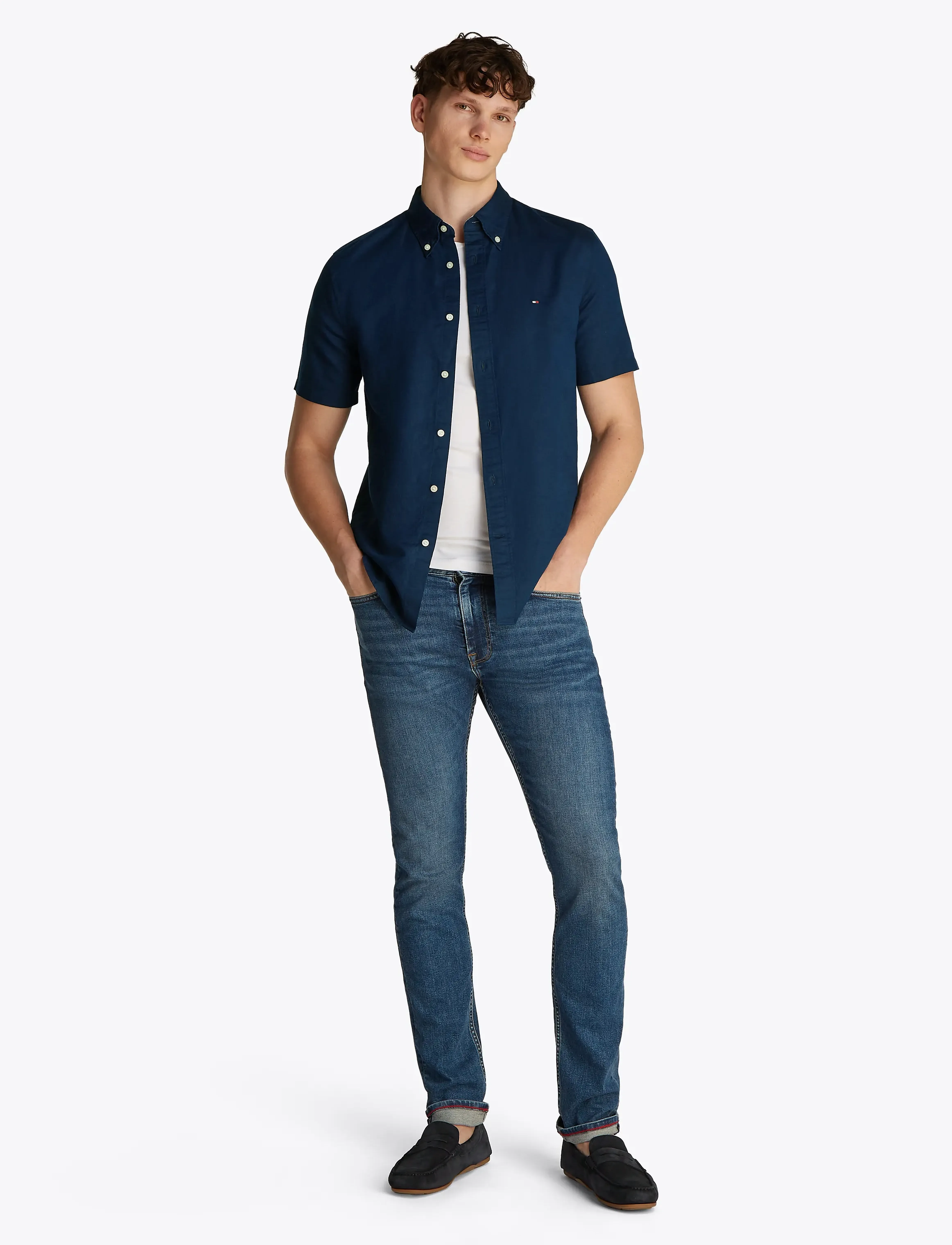 Tommy Hilfiger - LINEN BLEND SOLID  SS RF SHIRT - kortærmede t-shirts - carbon navy - 4