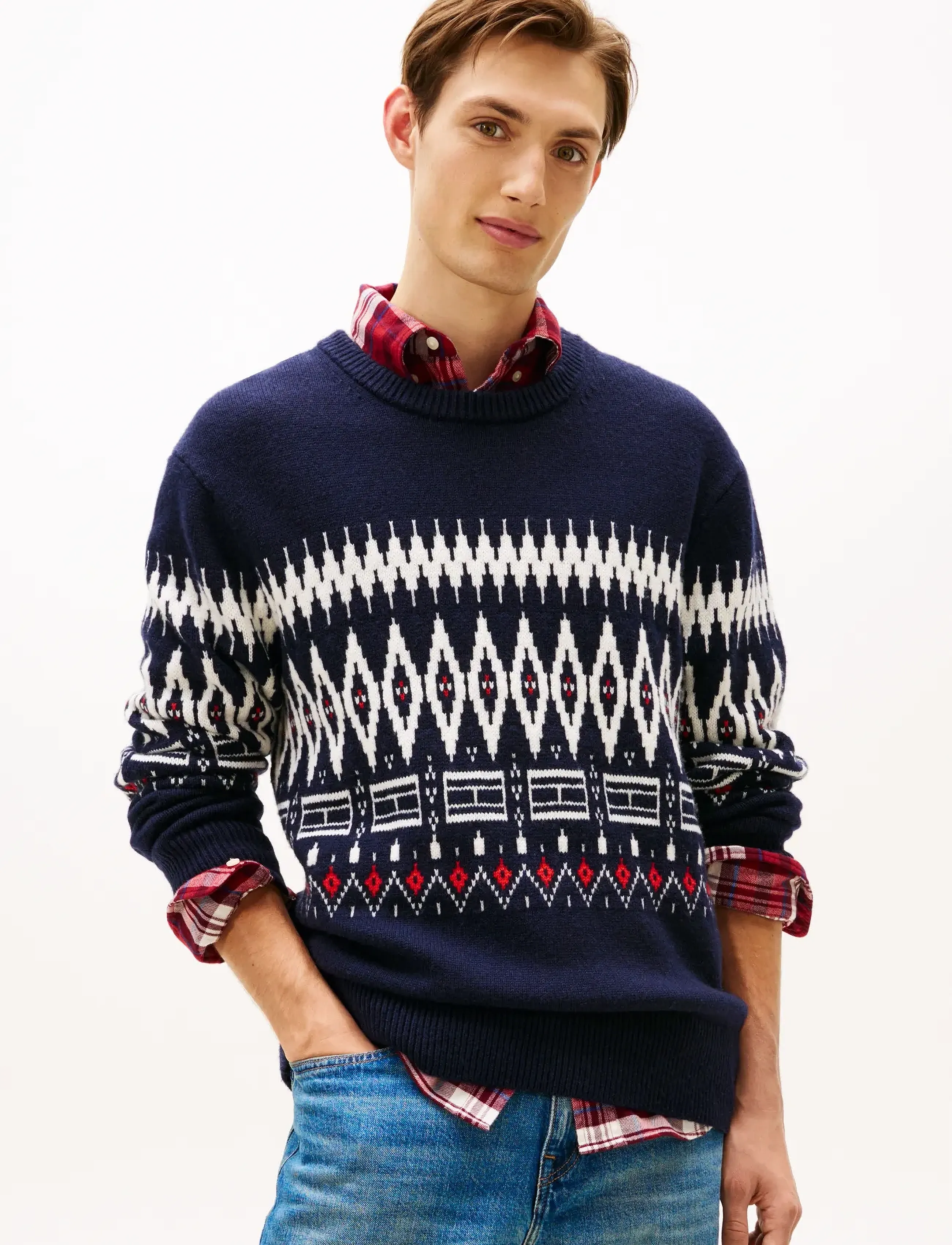 Tommy Hilfiger PLACED FAIRISLE WOOL BLEND CREW - Tommy Hilfiger - DESERT SKY IVORY PETAL / navy