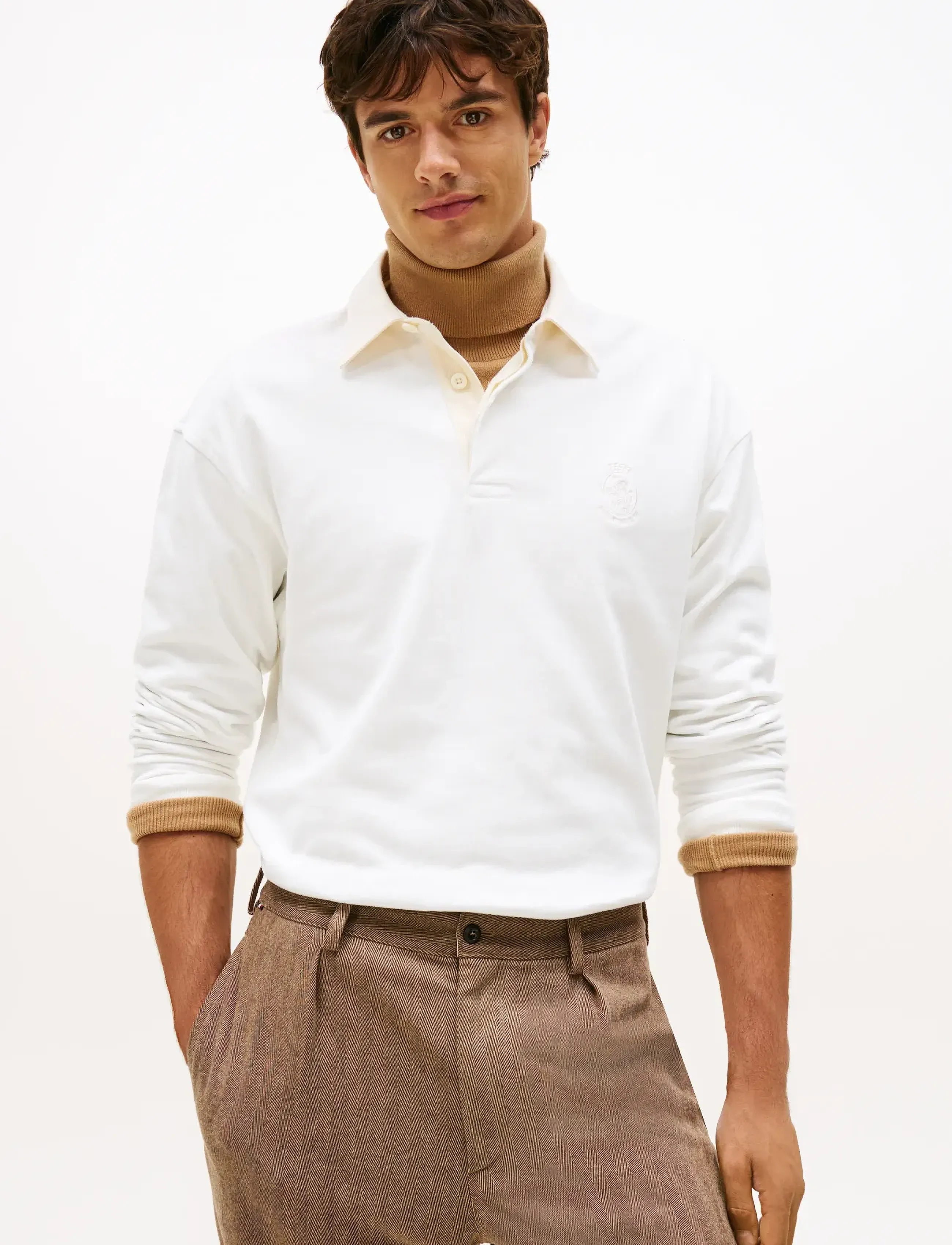 Tommy Hilfiger Peached Crest Solid Rugby, XXL, Polos, Creme - Long-sleeved, Männerswear