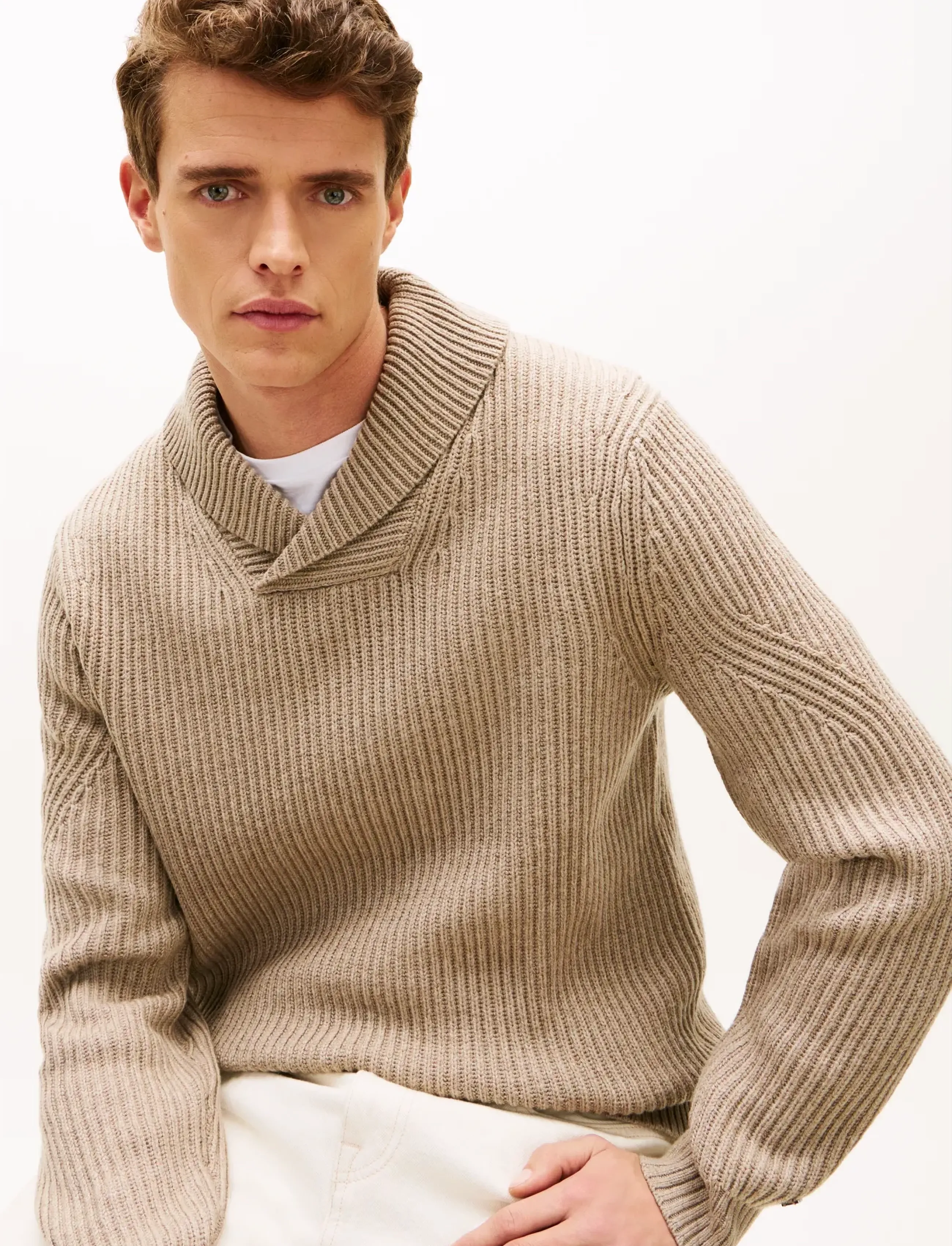 Tommy Hilfiger - DC SHAWL COLLAR SWEATER - pitkähihaiset neulepoolot - coastal taupe heather - 5