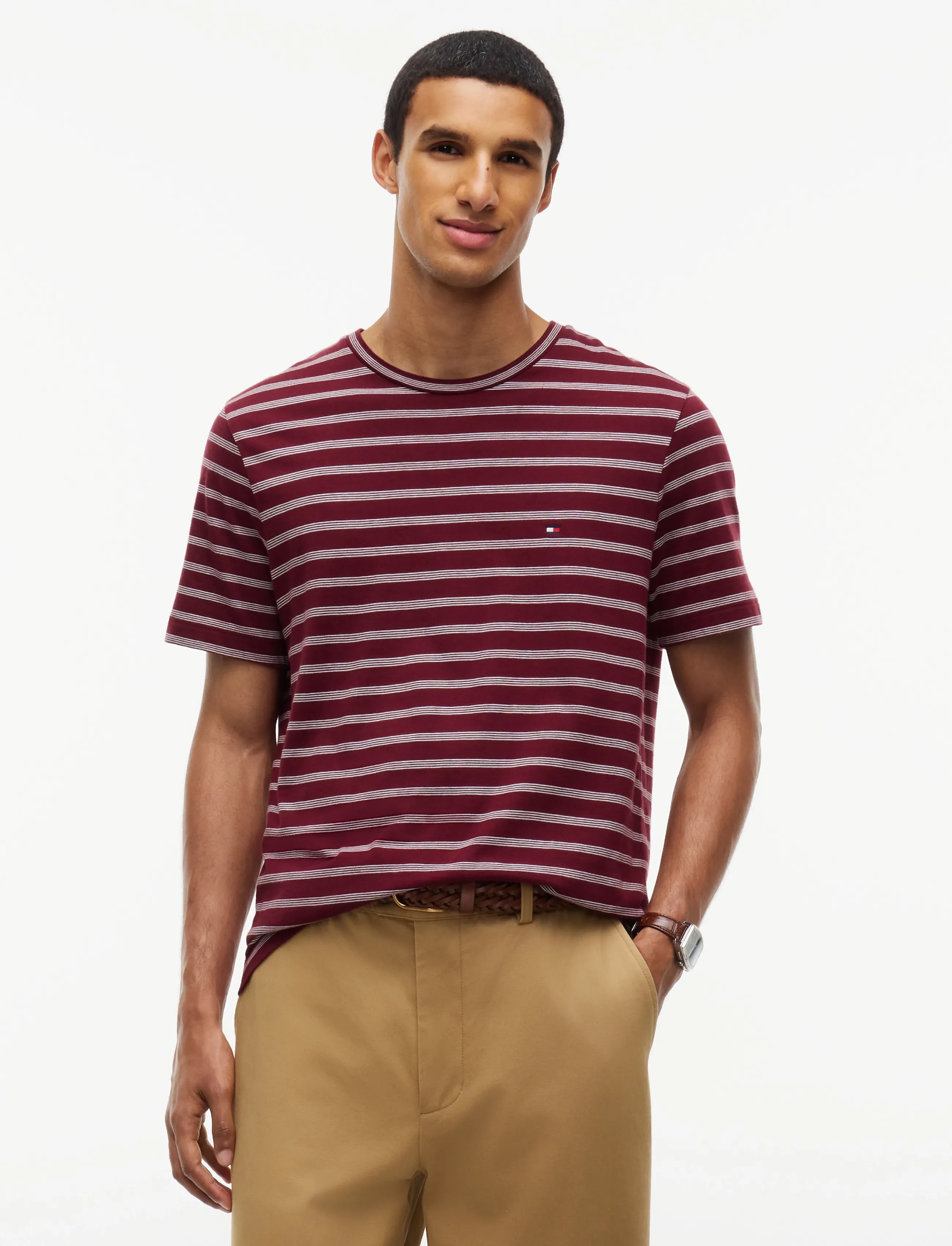 Tommy Hilfiger ESS SEASONAL REG FIT STRIPE TEE - Uus - BURGUNDY ECRU / burgundy