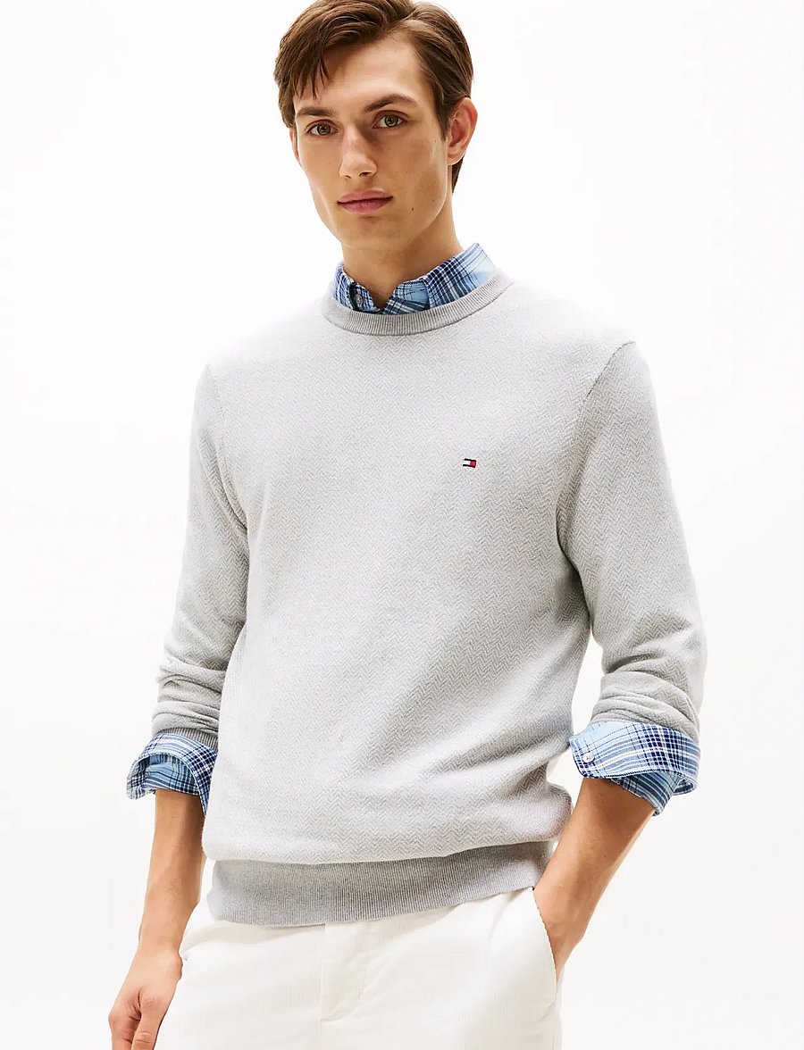 Tommy Hilfiger - PIMA CTN CASH HERRINGBONE CREW - round necks - light grey htr ivory petal - 0
