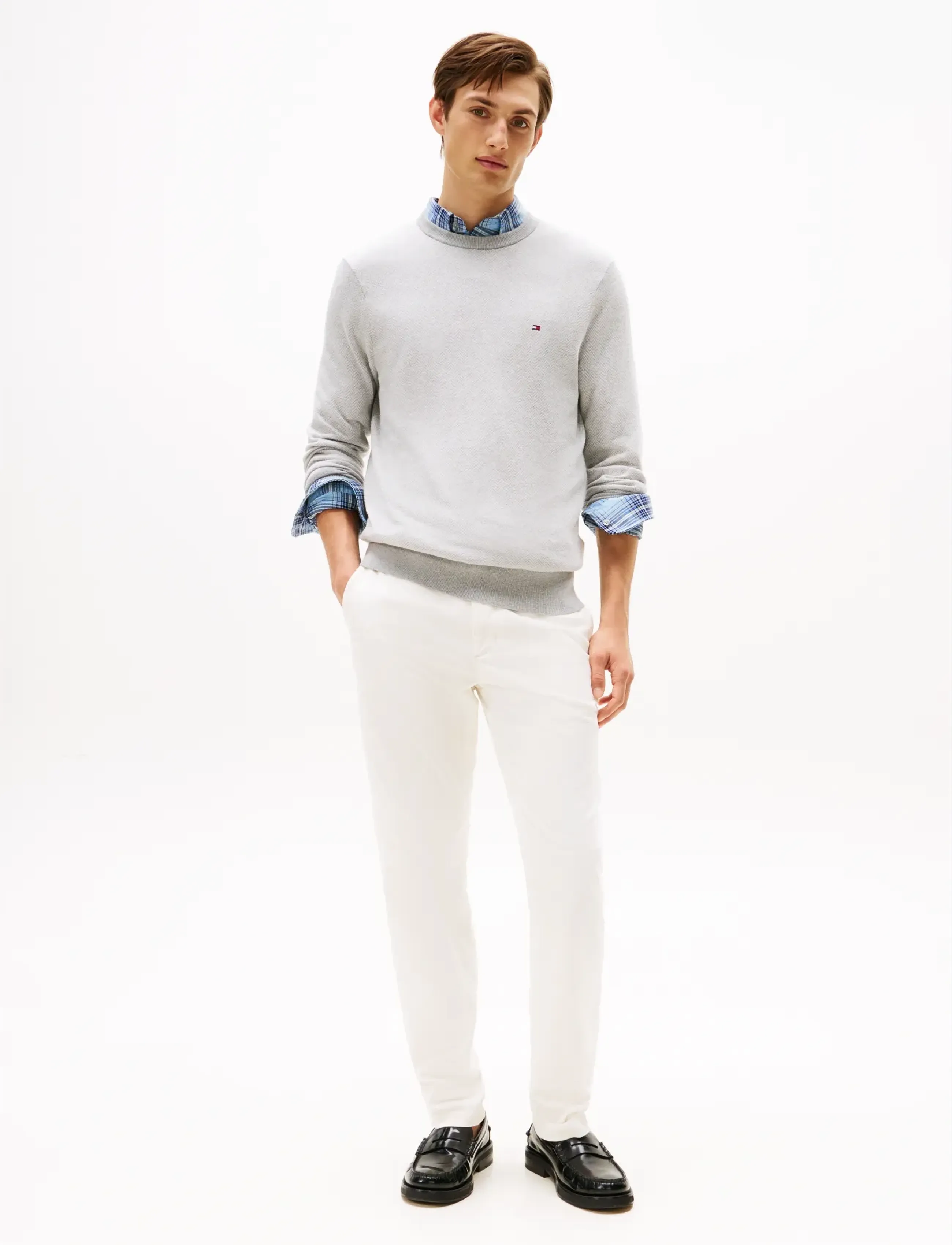 Tommy Hilfiger - PIMA CTN CASH HERRINGBONE CREW - round necks - light grey htr ivory petal - 2