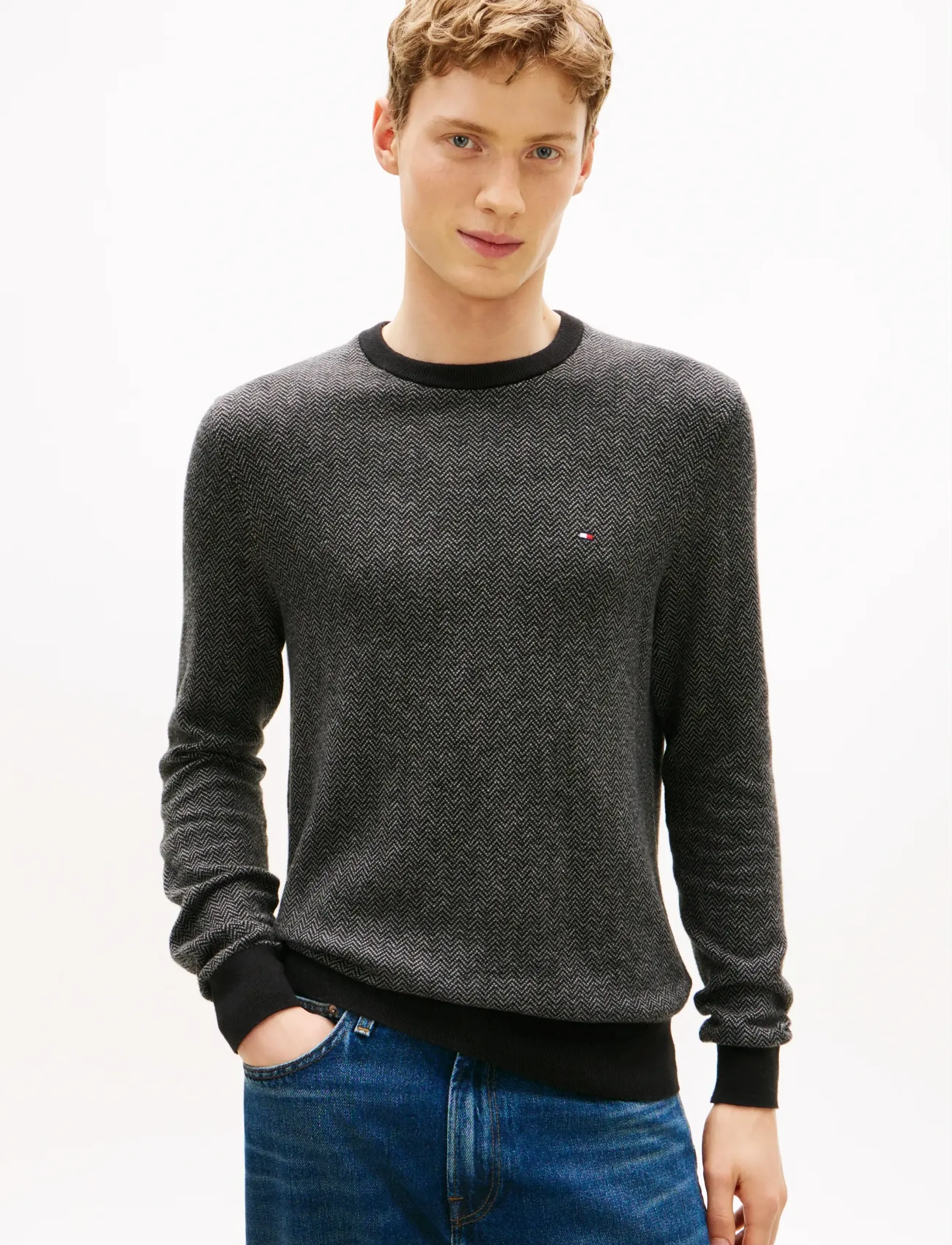 Tommy Hilfiger PIMA CTN CASH HERRINGBONE CREW - Tommy Hilfiger - BLACK MEDIUM GREY HTR / grey