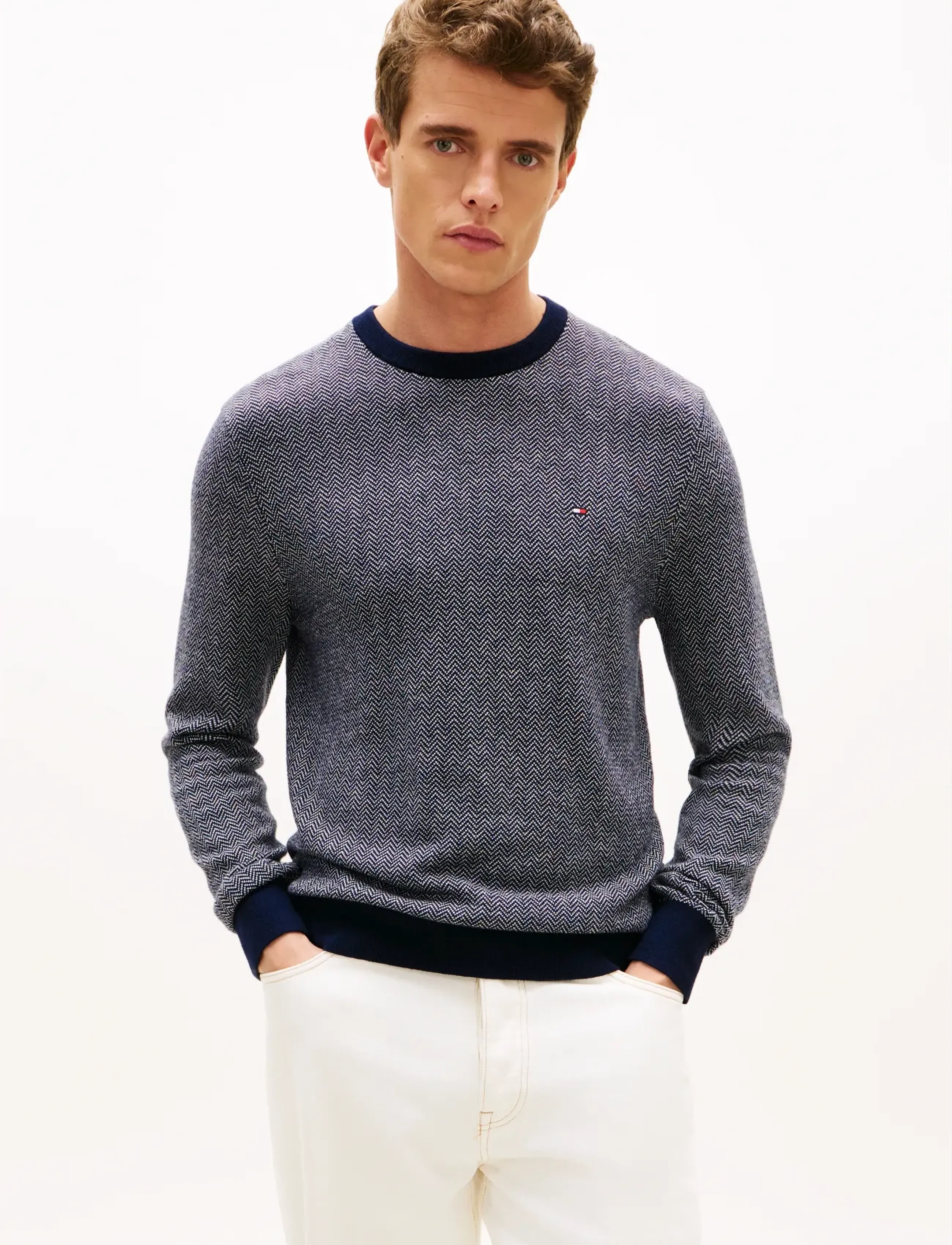 Tommy Hilfiger PIMA CTN CASH HERRINGBONE CREW - Apsipirkite pagal stilių - DESERT SKY IVORY PETAL / navy