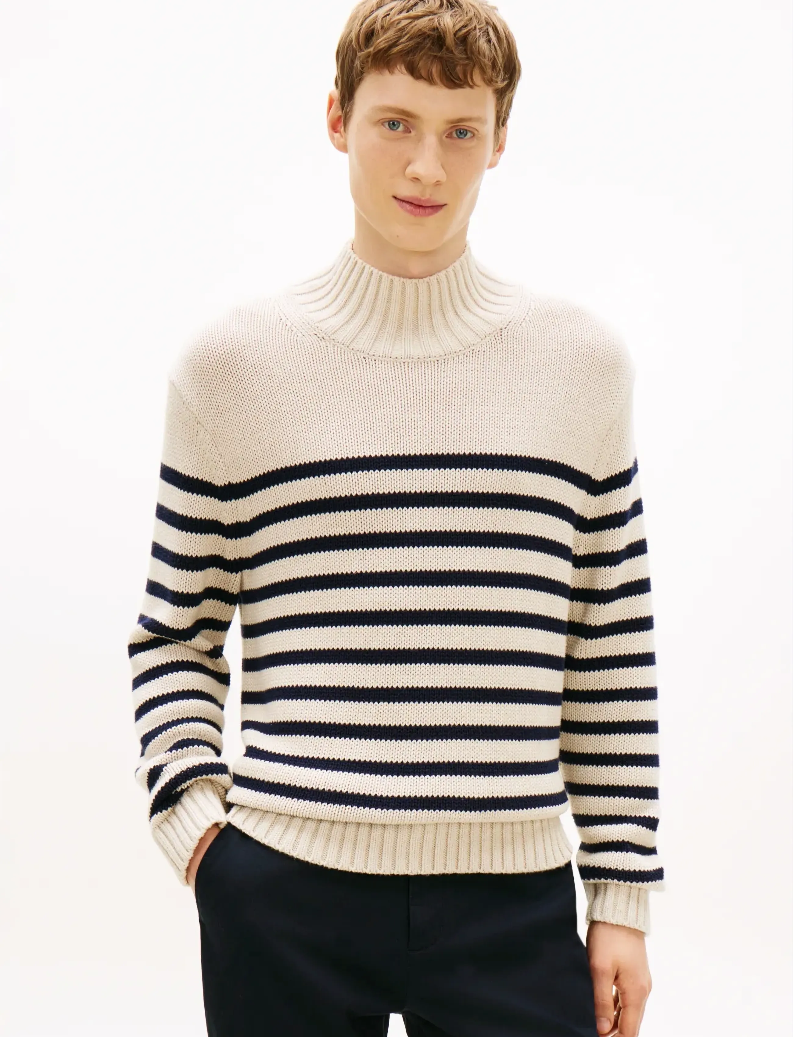 Tommy Hilfiger Breton Cotton Stripe Mock Neck, XL, Knitwear, Creme - Turtlenecks, Männerswear