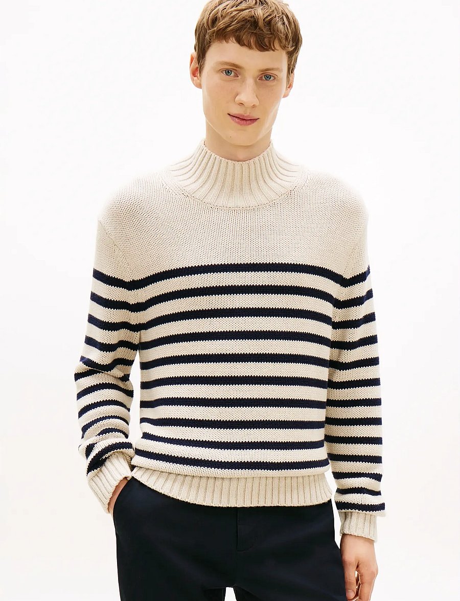 Tommy Hilfiger - BRETON COTTON STRIPE MOCK NECK - rullekraver - oatmilk htr/desert sky - 0