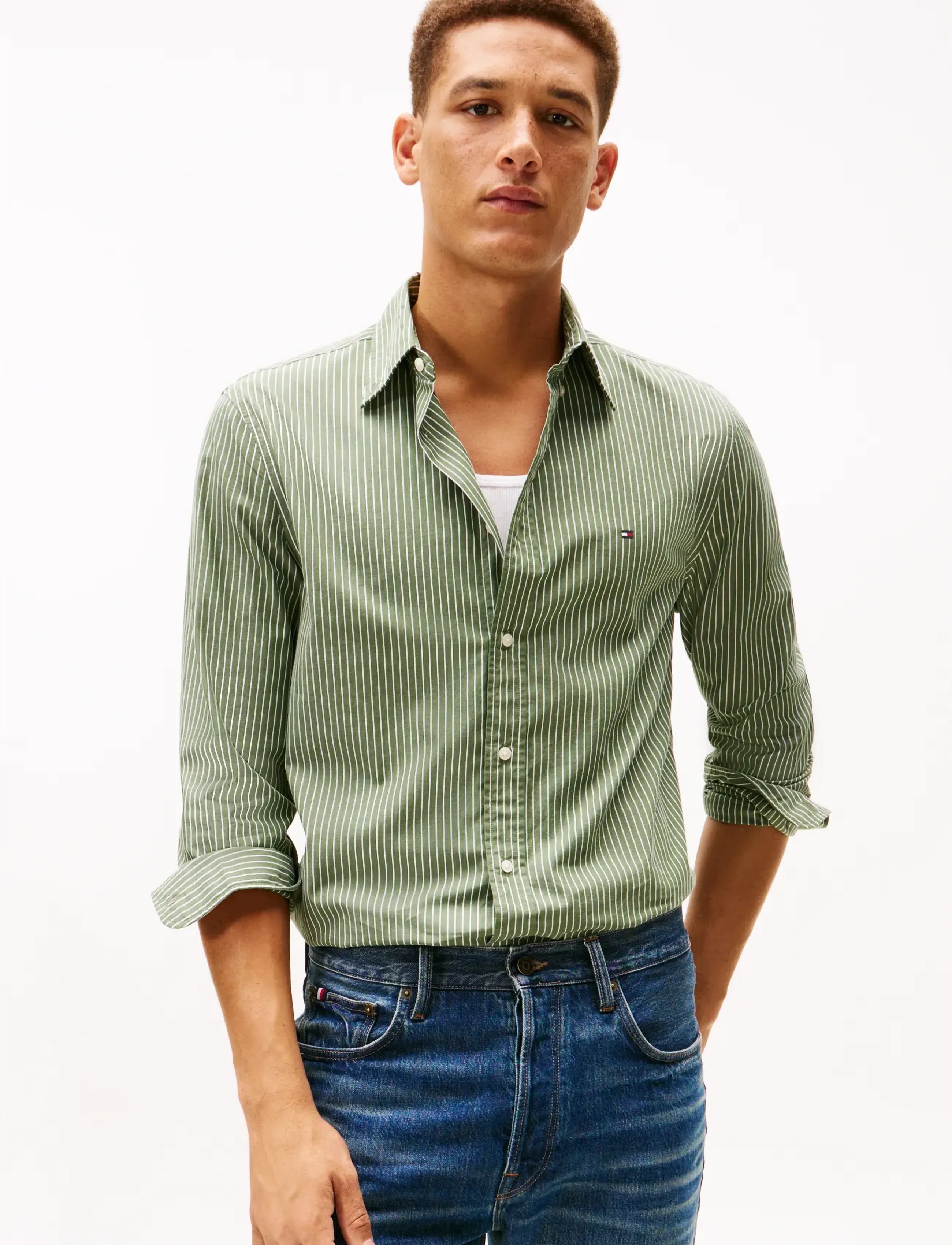 Tommy Hilfiger CORE HAIRLINE POPLIN RF SHIRT - Last chance - MOUNTAIN PINE   STRIPE / khaki/green