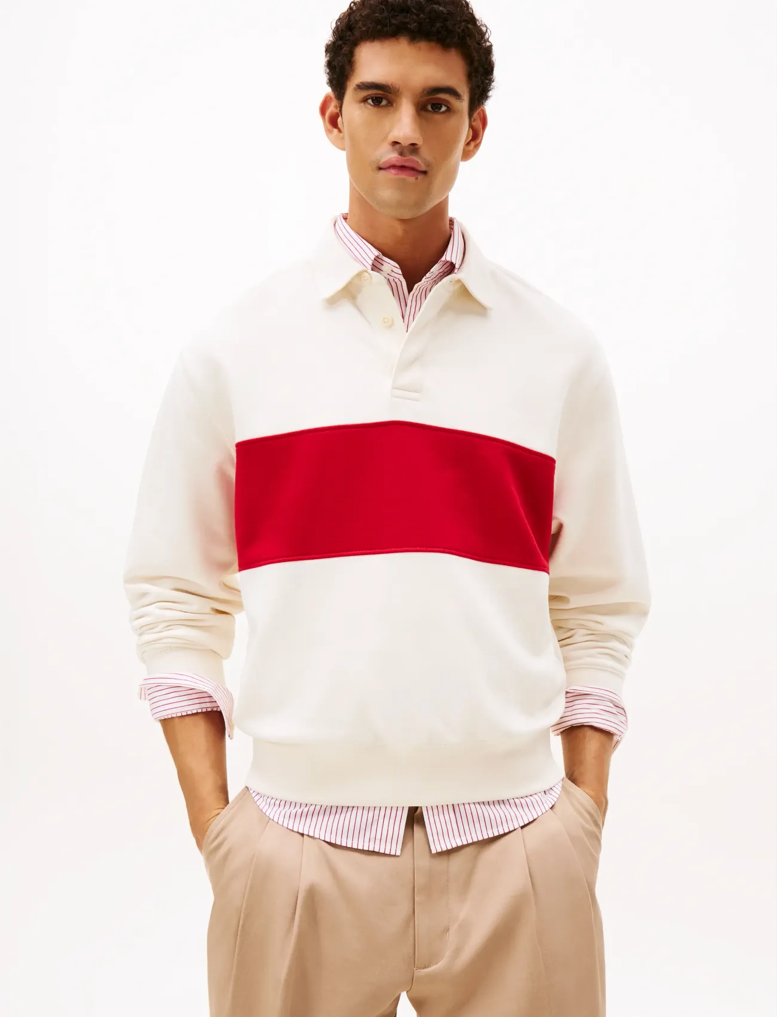 Tommy Hilfiger Ess Fleece Colorblock Rugby, M, Polos, Creme - Long-sleeved, Männerswear