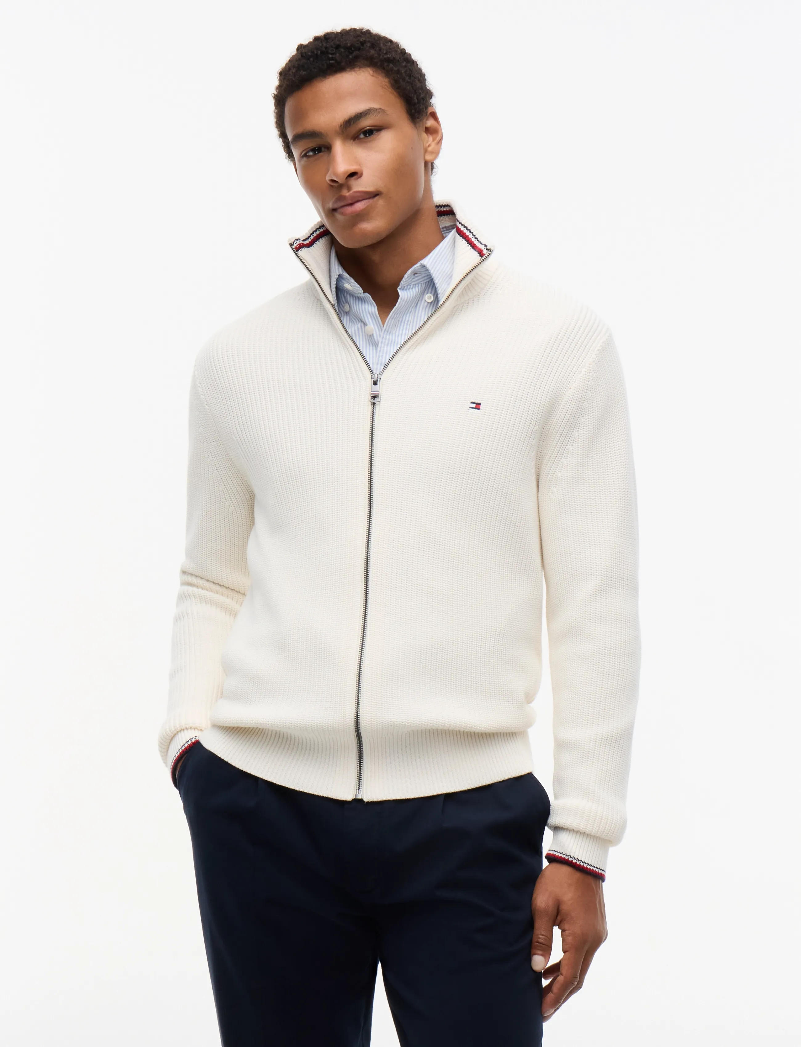 Tommy Hilfiger - RWB RIB ZIP THROUGH - pullover mit durchgehendem reißverschluss - ivory petal - 0