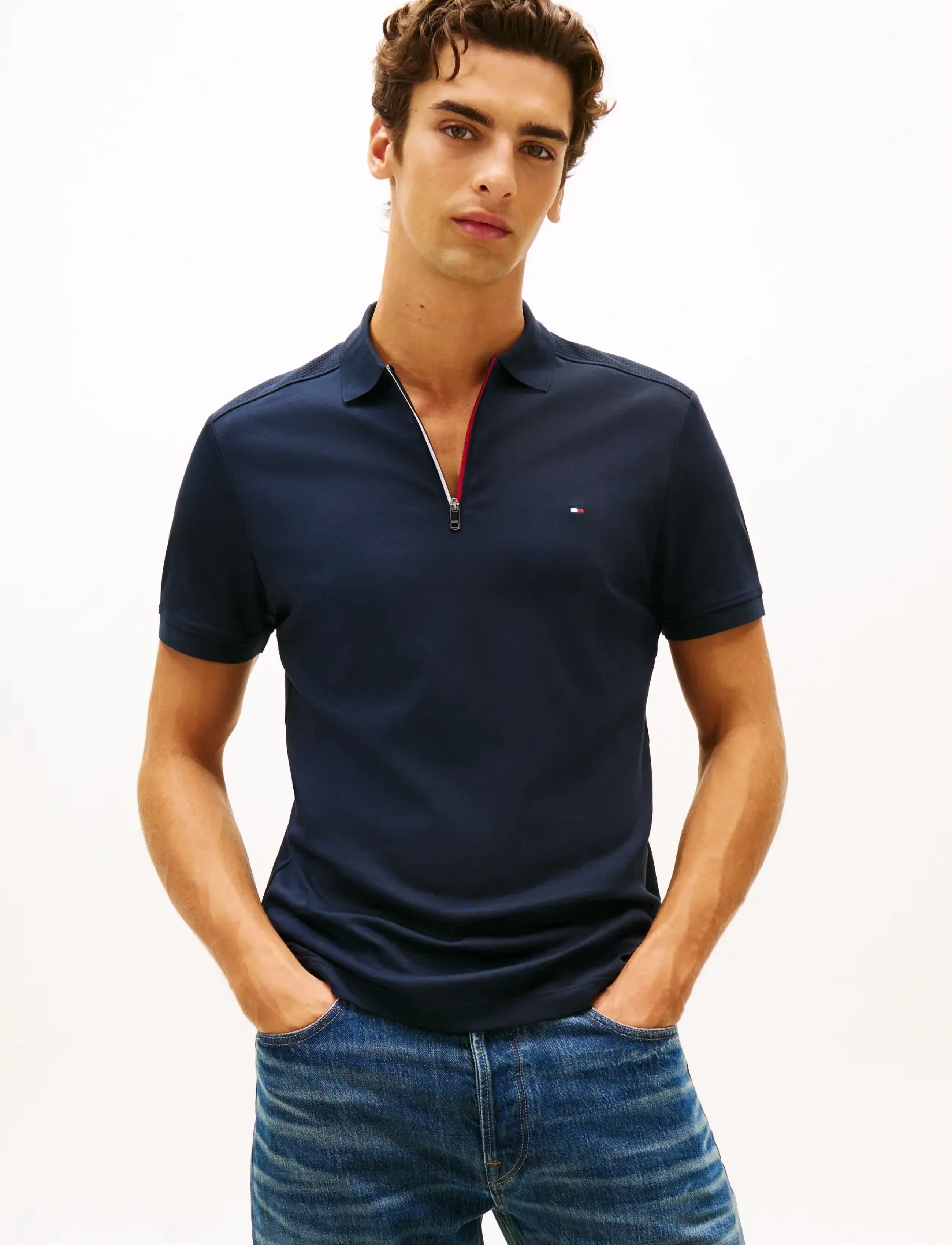 Tommy Hilfiger LIQUID COTTON RWB ZIP REG POLO - Tommy Hilfiger - DESERT SKY / navy
