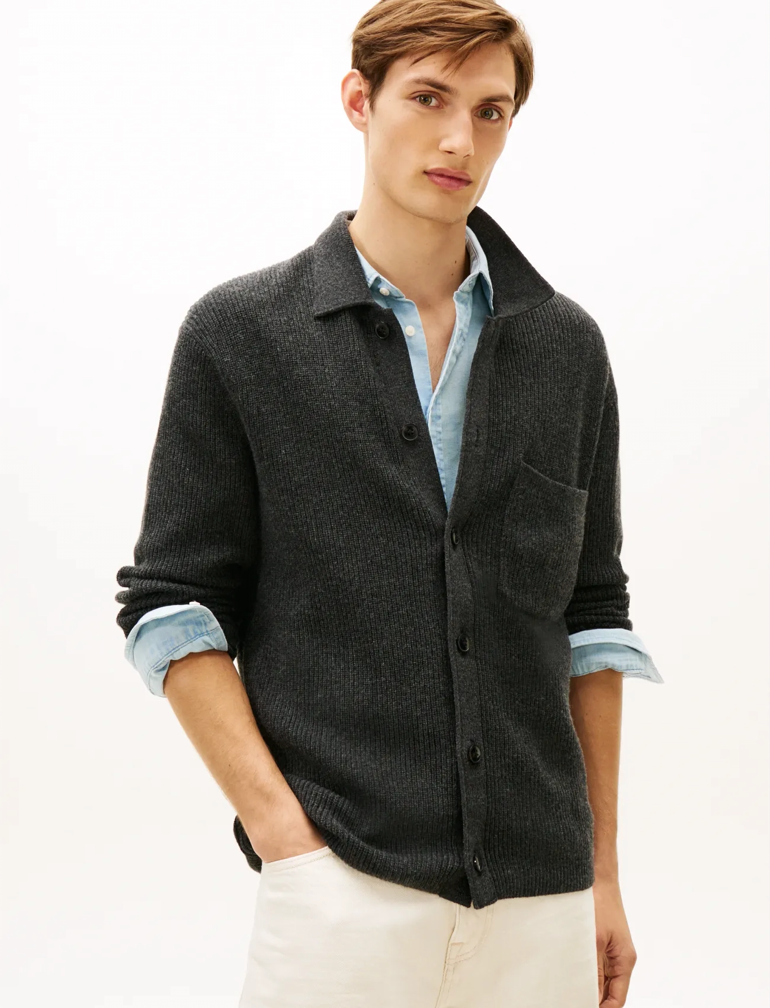 Tommy Hilfiger Fisherman Rib Coach Jacket, L, Knitwear, Grau - Cardigans, Männerswear