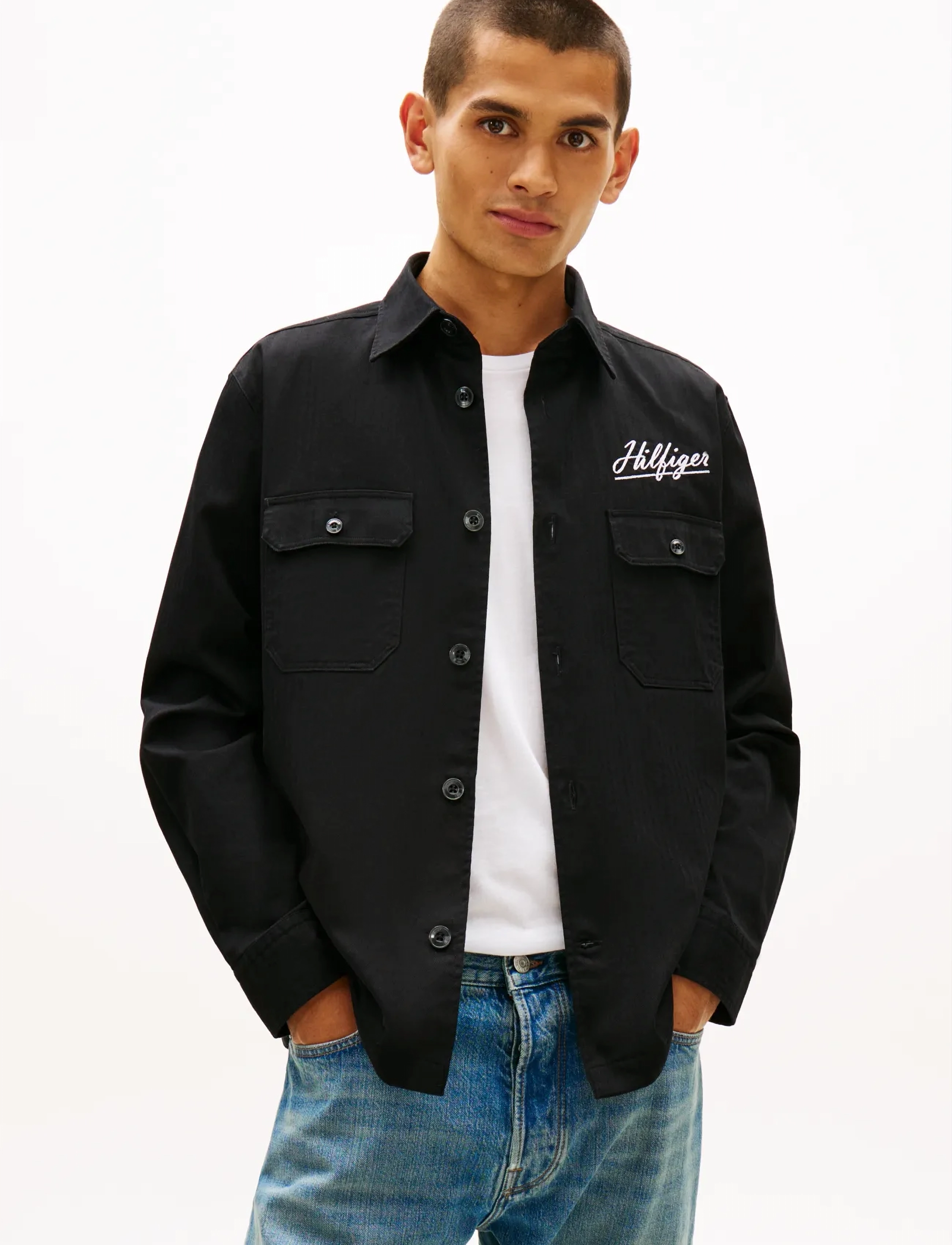 Tommy Hilfiger Herringbone Overshirt, Langærmet Overshirt, Sort, Str: XXL