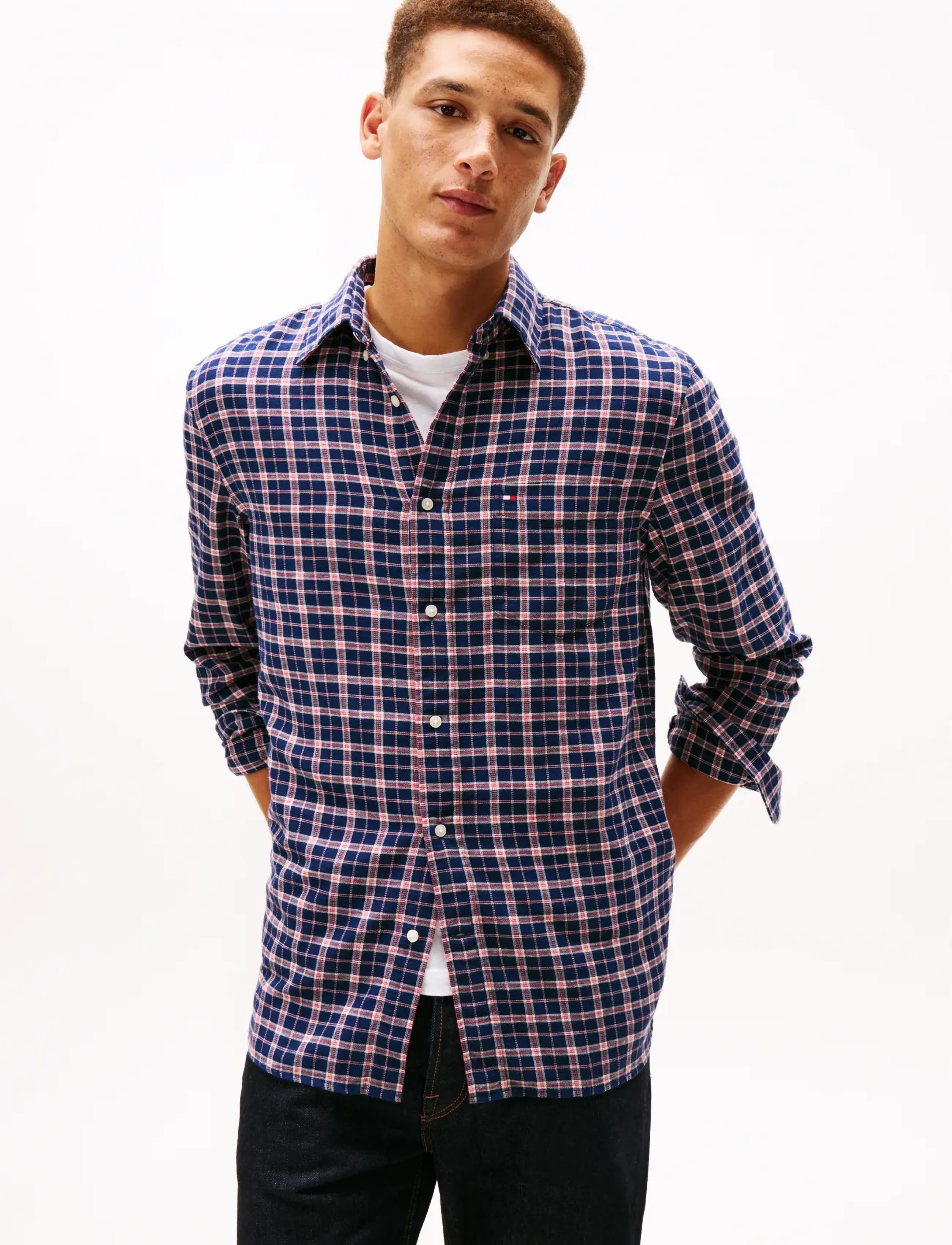 Tommy Hilfiger Brushed Linen Medium Check, L, Navy, Shirts > Checkered Shirt, Herre