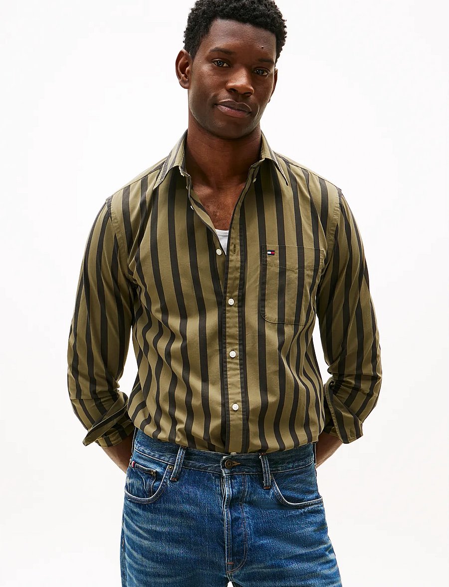 Tommy Hilfiger - FLEX POPLIN BOLD STRIPE SHIRT - randiga skjortor - utility olive stripe - 0