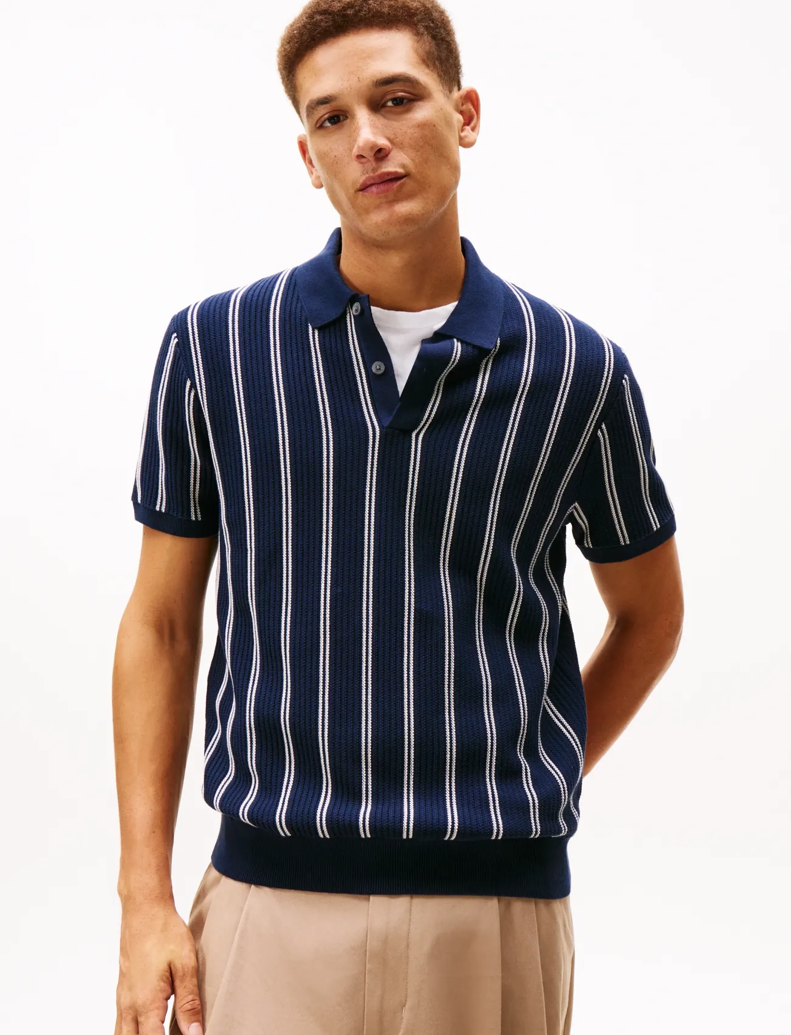 Tommy Hilfiger KNITTED VERTICAL STRIPE SS POLO - Short sleeve knitted polos - DARK NIGHT NAVY / navy