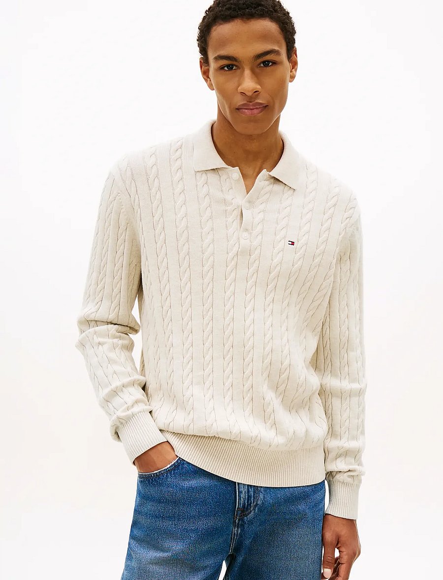 Tommy Hilfiger - CLASSIC COTTON CABLE LS POLO - poloer i strik med lange ærmer - heathered oatmilk - 0