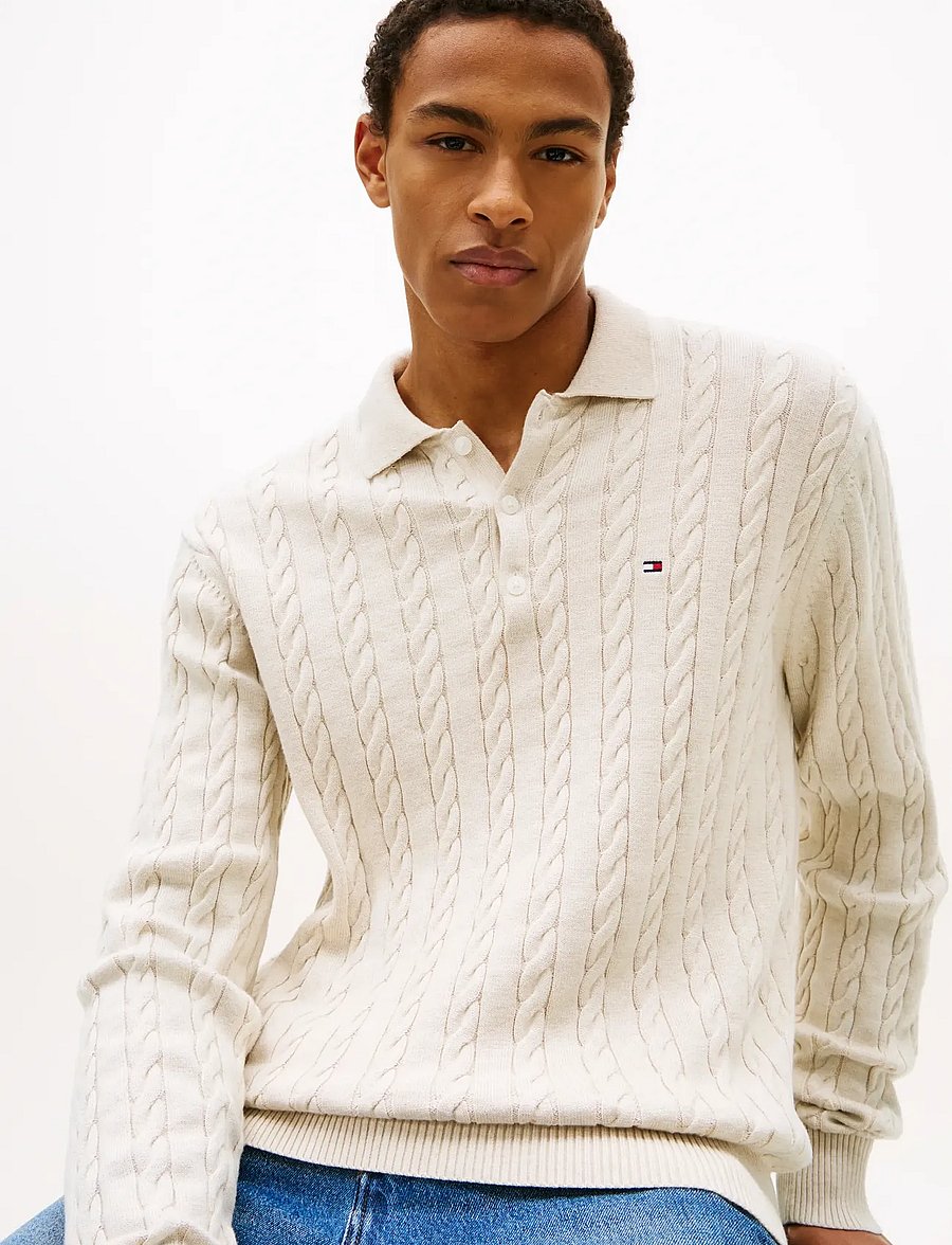 Tommy Hilfiger - CLASSIC COTTON CABLE LS POLO - poloer i strik med lange ærmer - heathered oatmilk - 4