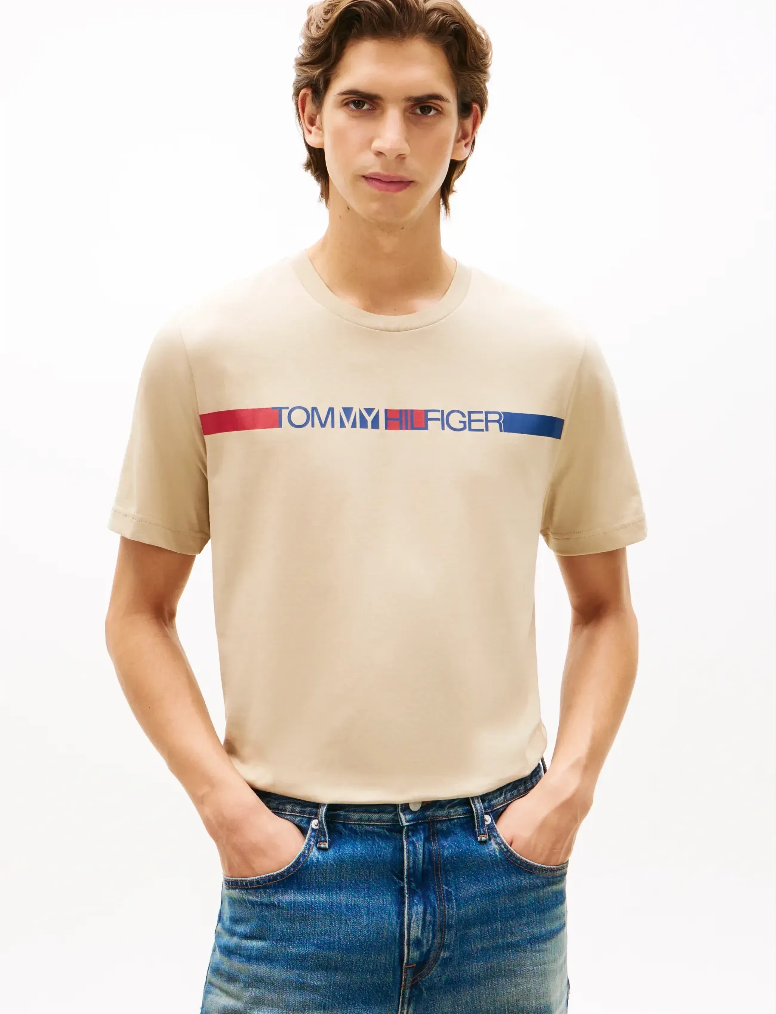 Tommy Hilfiger Brand Love Stripe Tee, S, Beige, T-Shirts > Kortærmede, Herre