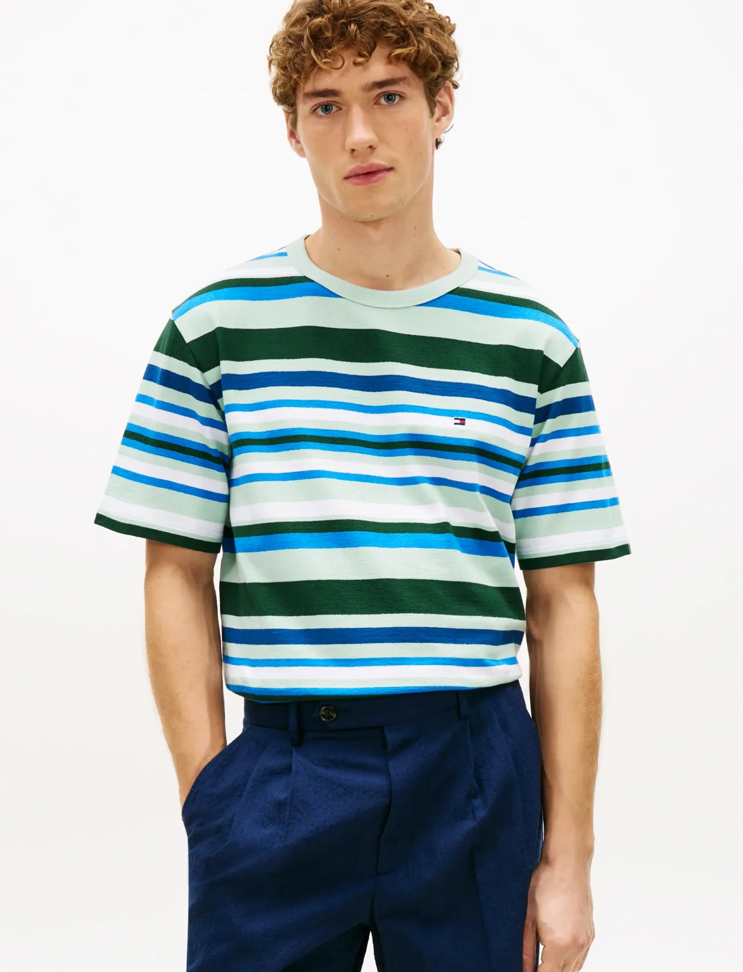 Tommy Hilfiger MULTI STRIPE CREPE TEE - Clothing - CRUSHED MINT MULTI STRIPE / multi