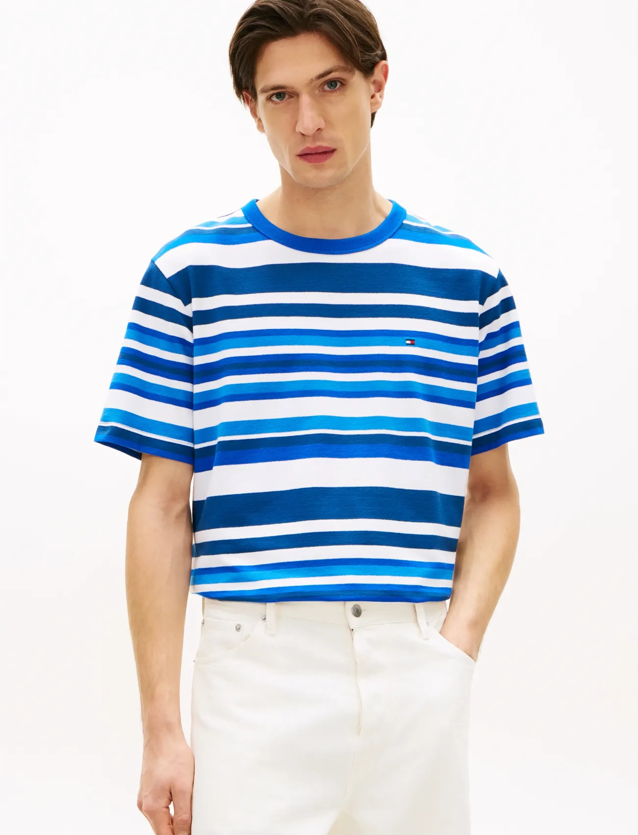 Tommy Hilfiger MULTI STRIPE CREPE TEE - Kläder - BLUE JEAN MULTI STRIPE / blue