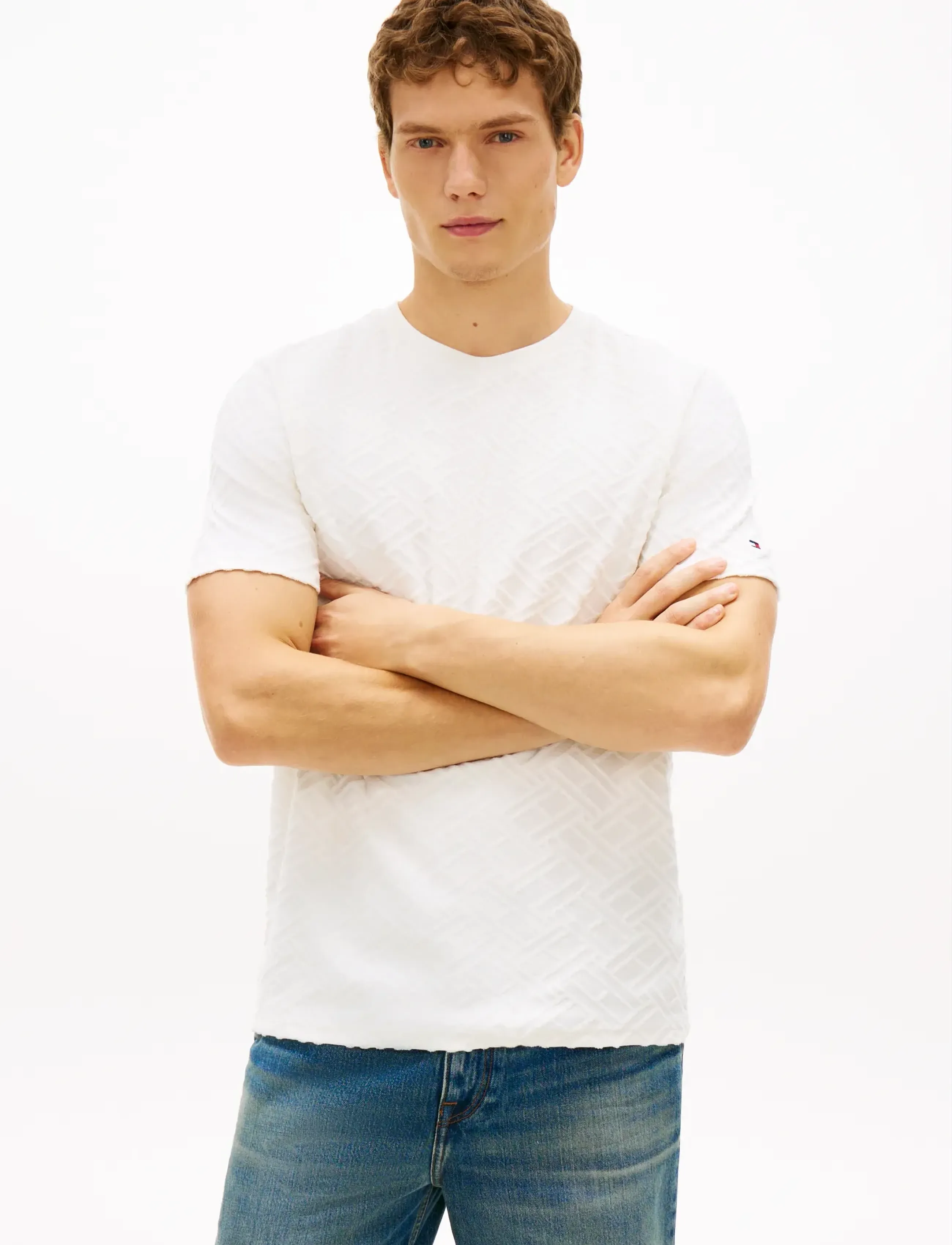 Tommy Hilfiger Aop Flag Jacquard Tee, M, White, T-Shirts > Kortærmede, Herre