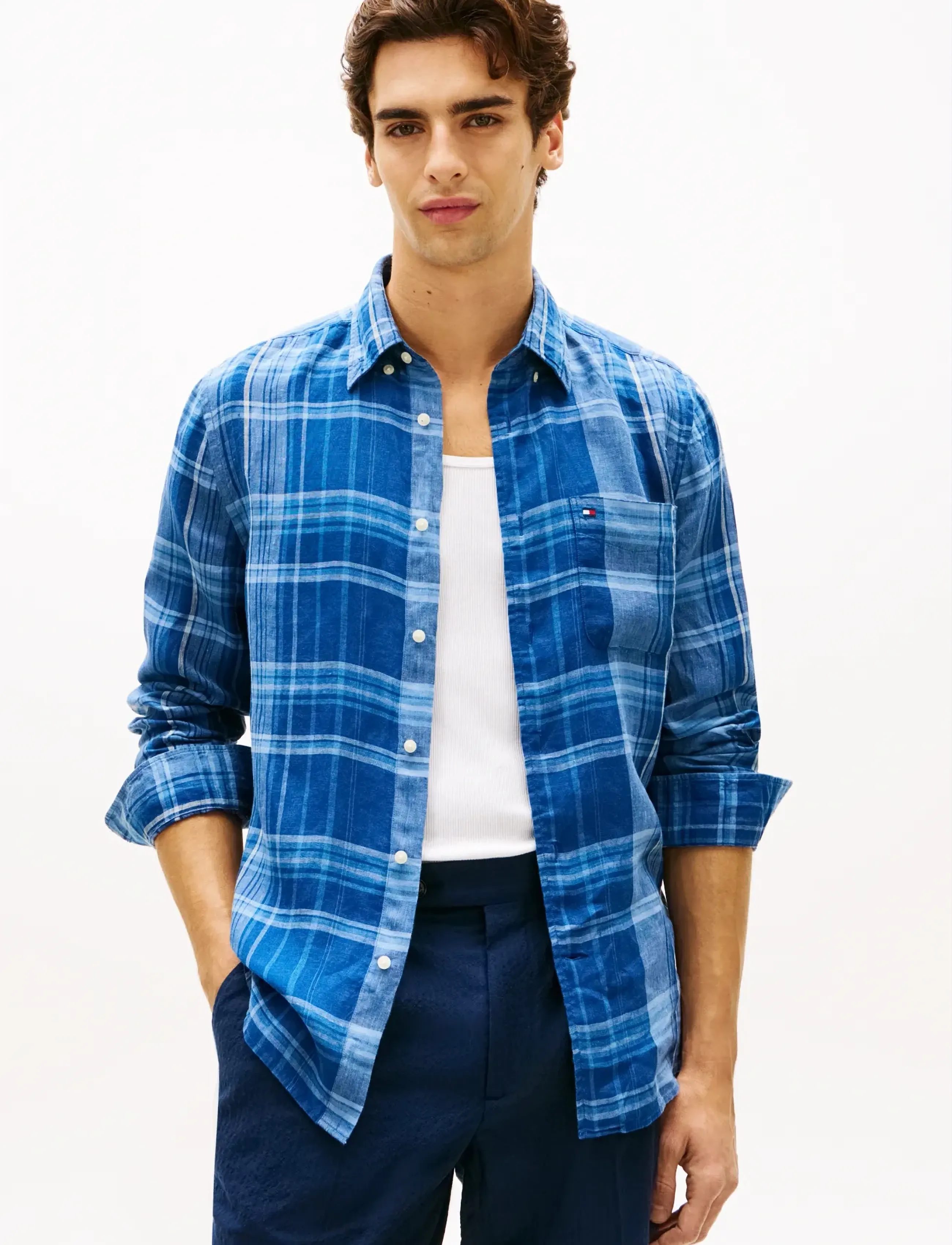 Tommy Hilfiger Linen Summer Madras Rf Shirt, L, Blue, Skjorter > Afslappet Shirts, Herre