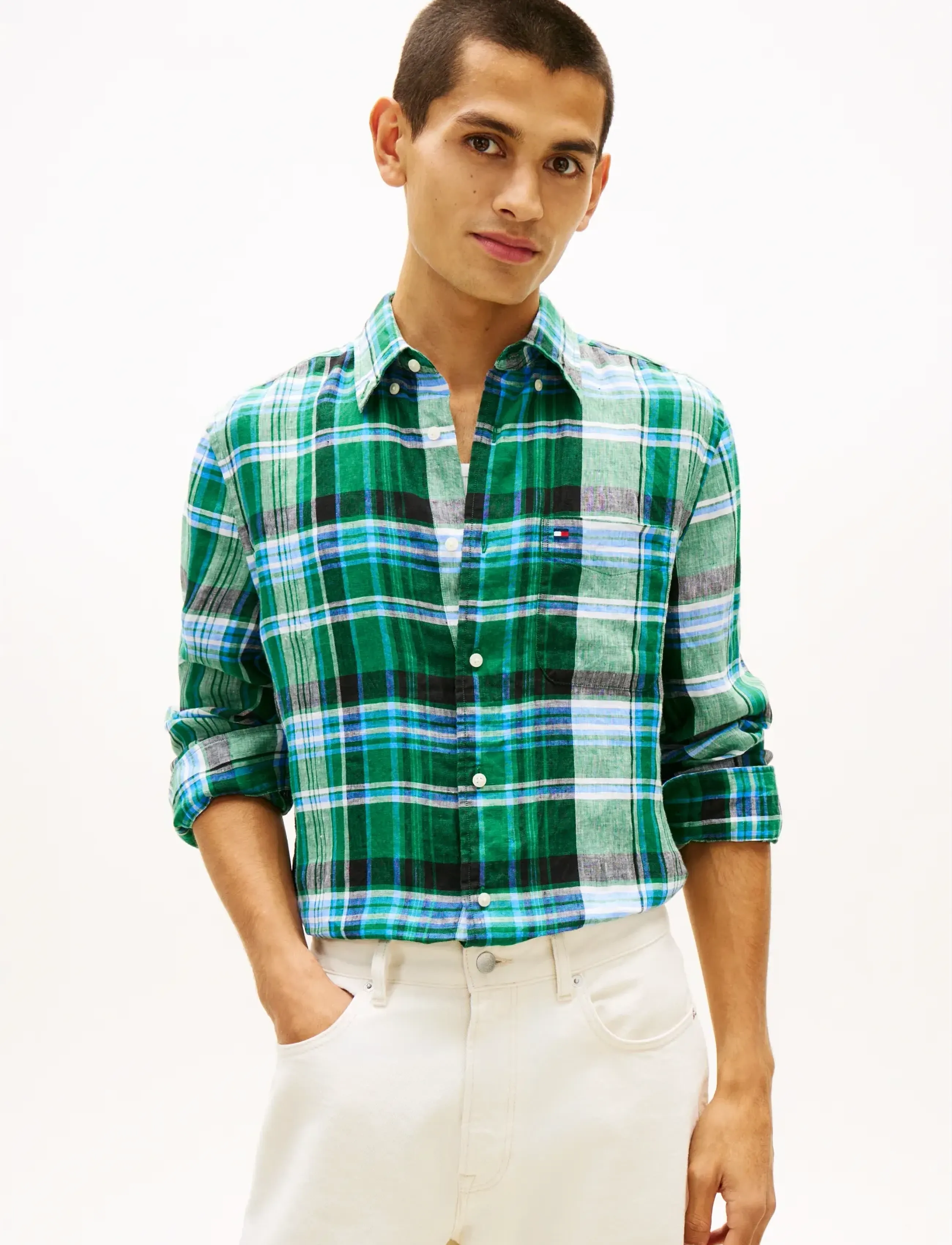 Tommy Hilfiger Linen Summer Madras Rf Shirt, M, Green, Skjorter > Afslappet Shirts, Herre