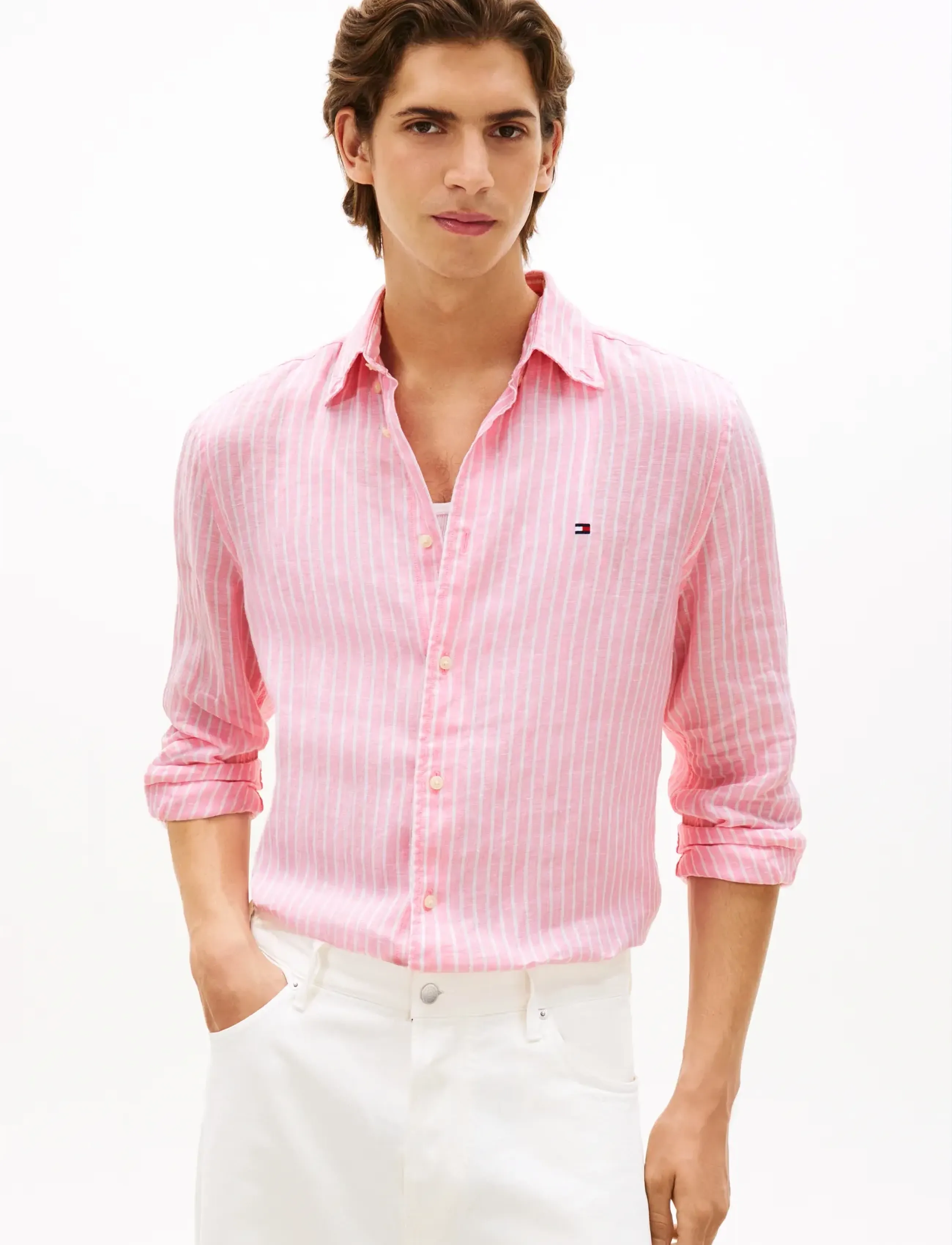 Tommy Hilfiger LINEN BENGAL STRIPE RF SHIRT - Clothing - CLASSIC PINK   STRIPE / pink/rose