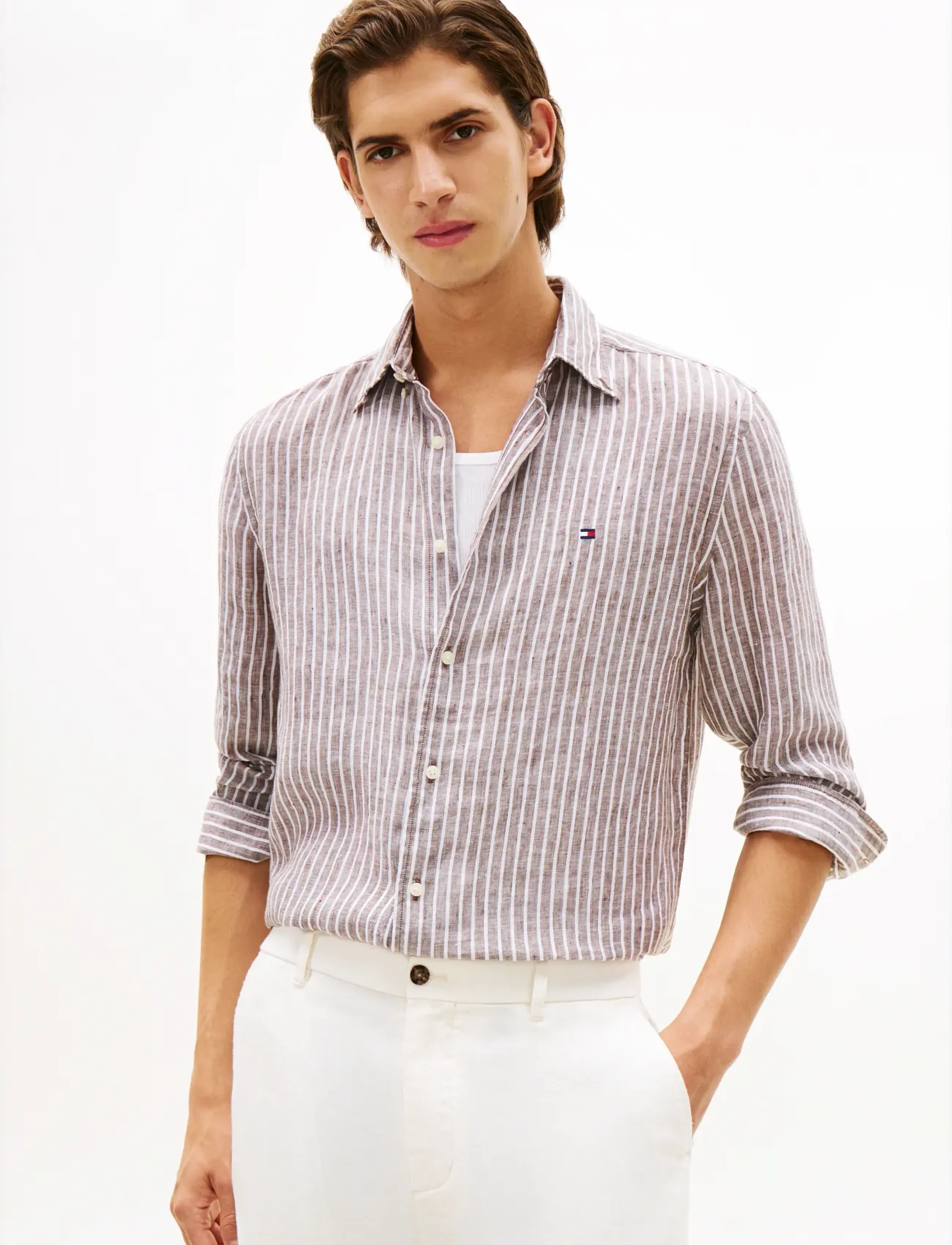 Tommy Hilfiger LINEN BENGAL STRIPE RF SHIRT - Tommy Hilfiger - LEGACY BROWN   STRIPE / brown