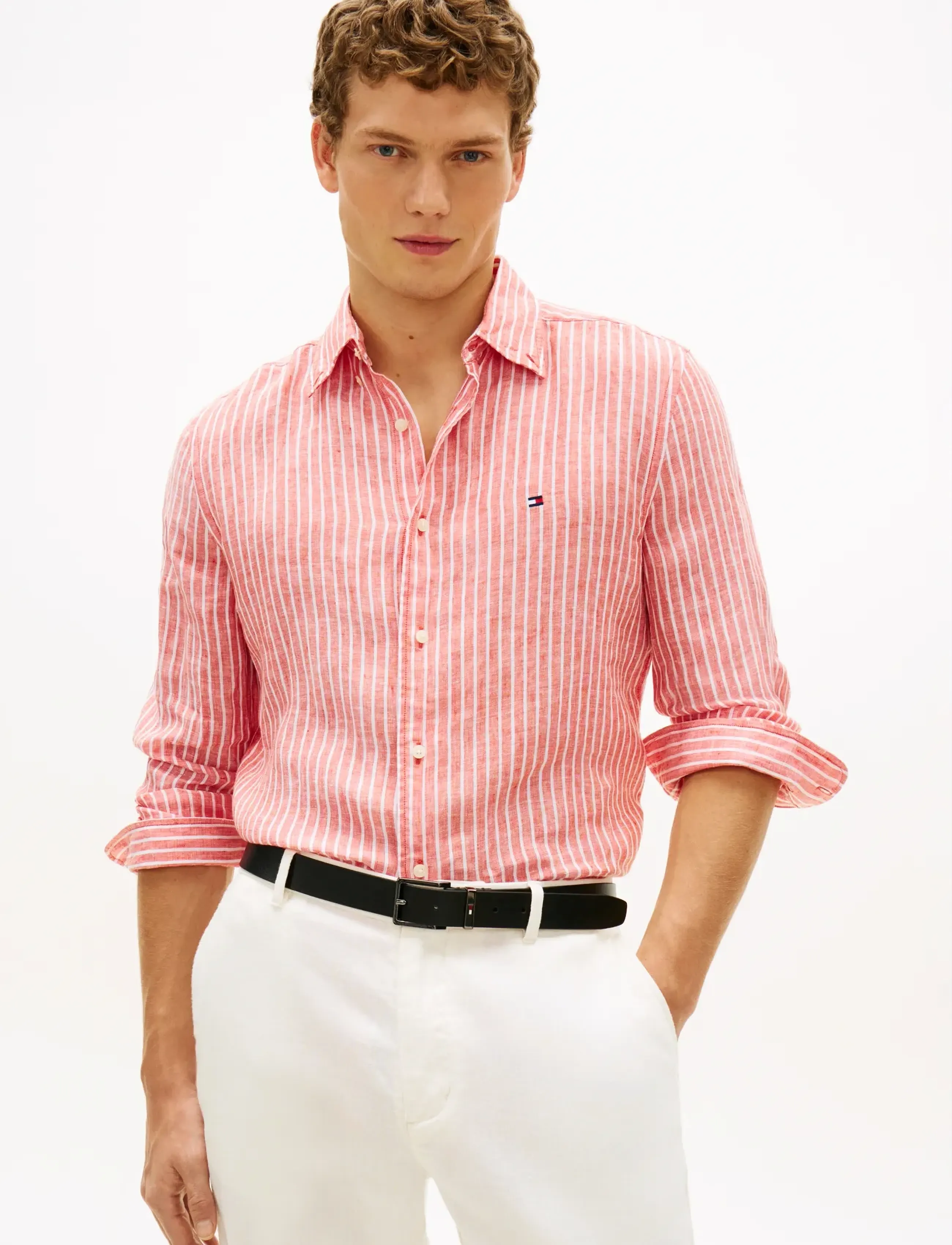 Tommy Hilfiger LINEN BENGAL STRIPE RF SHIRT - Tommy Hilfiger - ORANGE FLASH   STRIPE / coral
