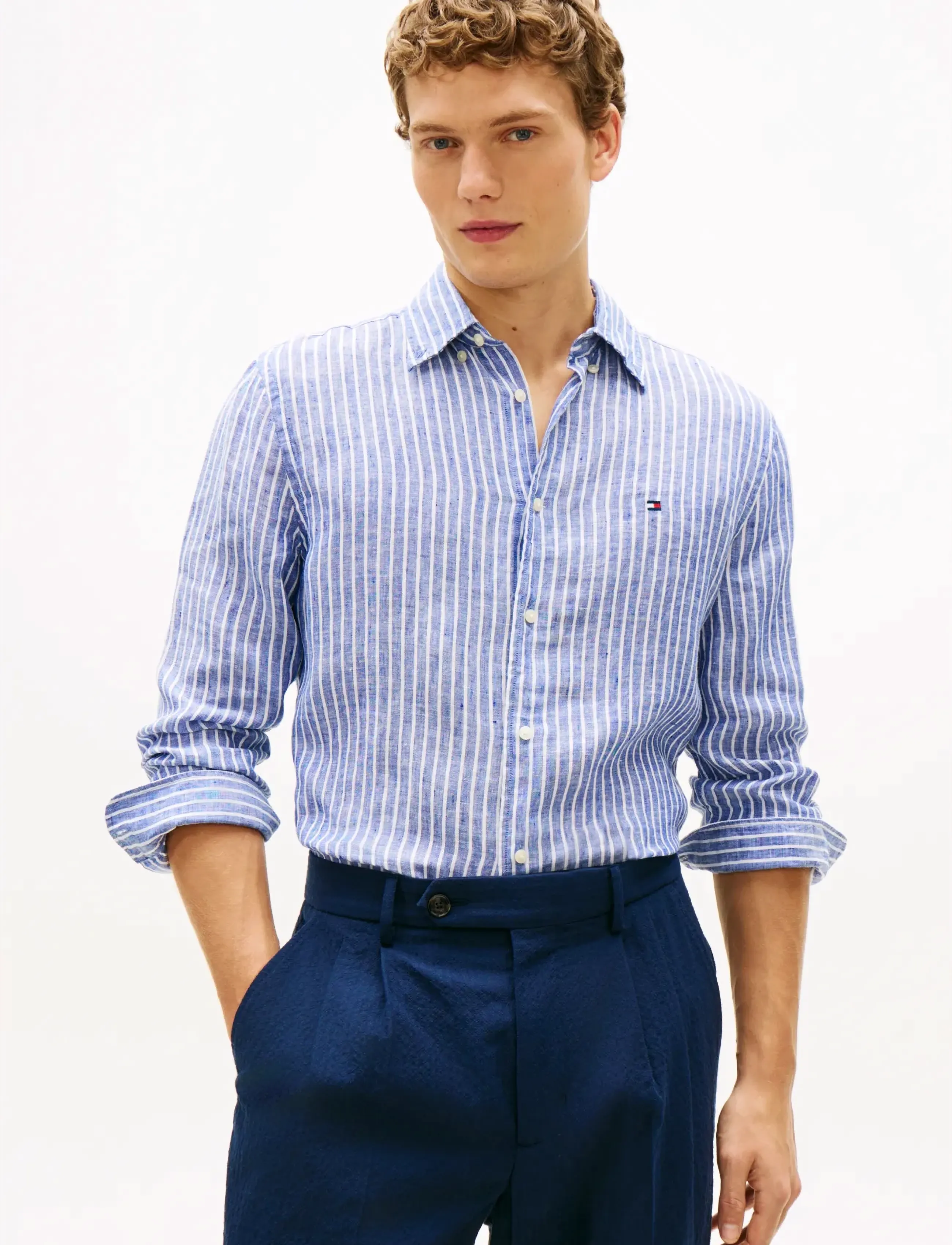 Tommy Hilfiger LINEN BENGAL STRIPE RF SHIRT - Linneskjortor - WEDGE BLUE   STRIPE / blue