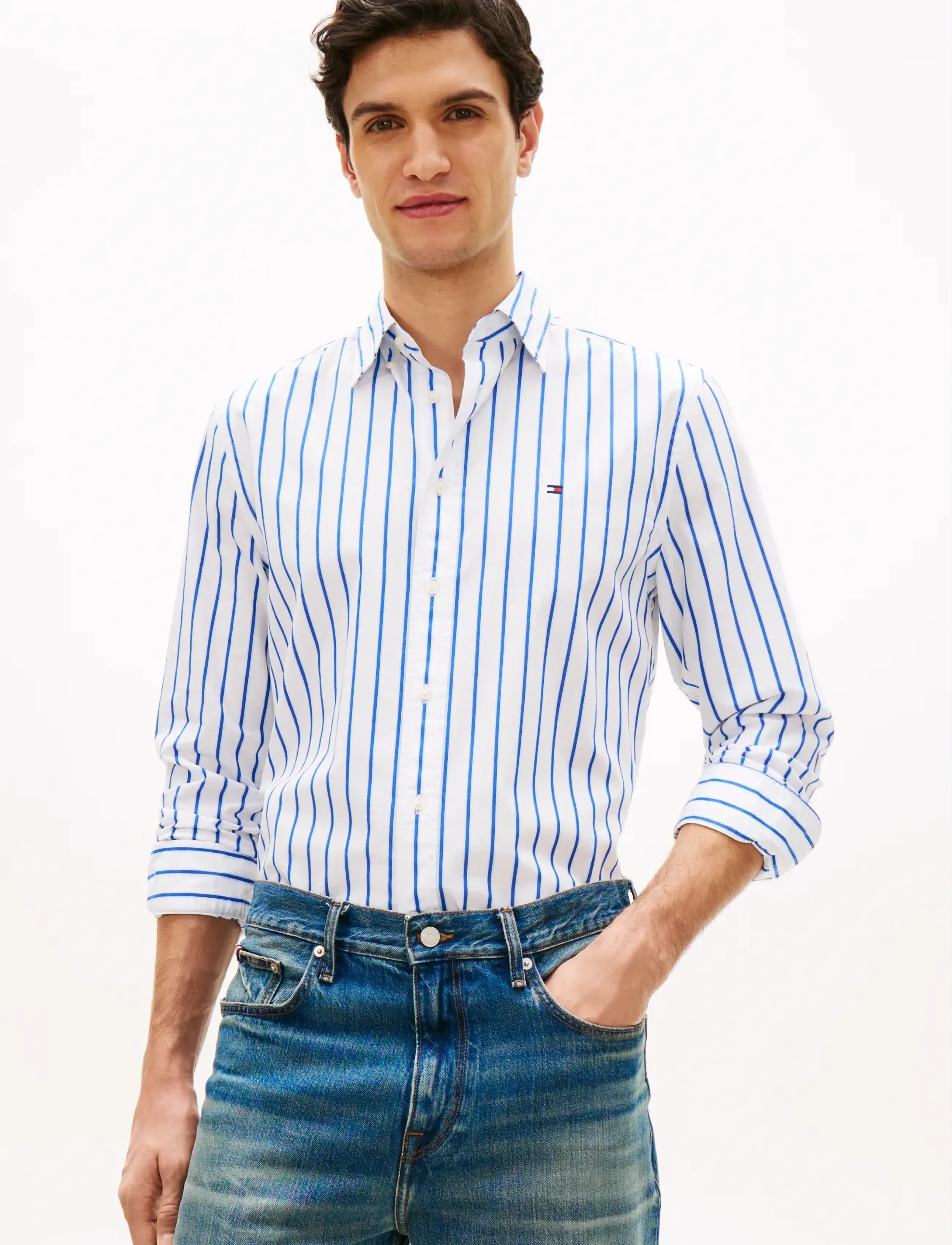 Tommy Hilfiger FLEX POPLIN BOLD STRIPE RF SHIRT - Tøj - WHITE   STRIPE / blue