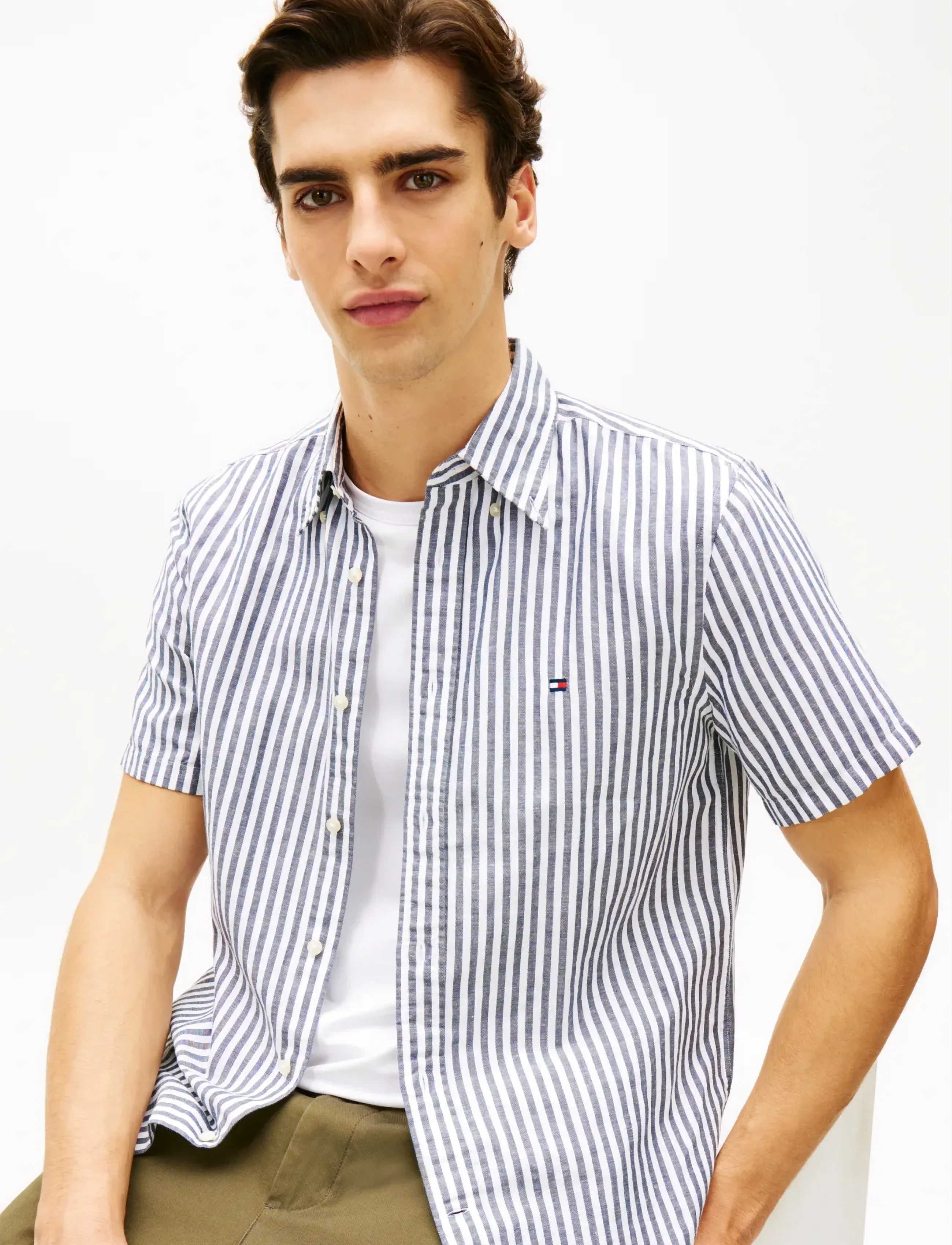 Tommy Hilfiger - LINEN BLEND BENGAL STP S/S RF - kortærmede skjorter - carbon navy   stripe - 4