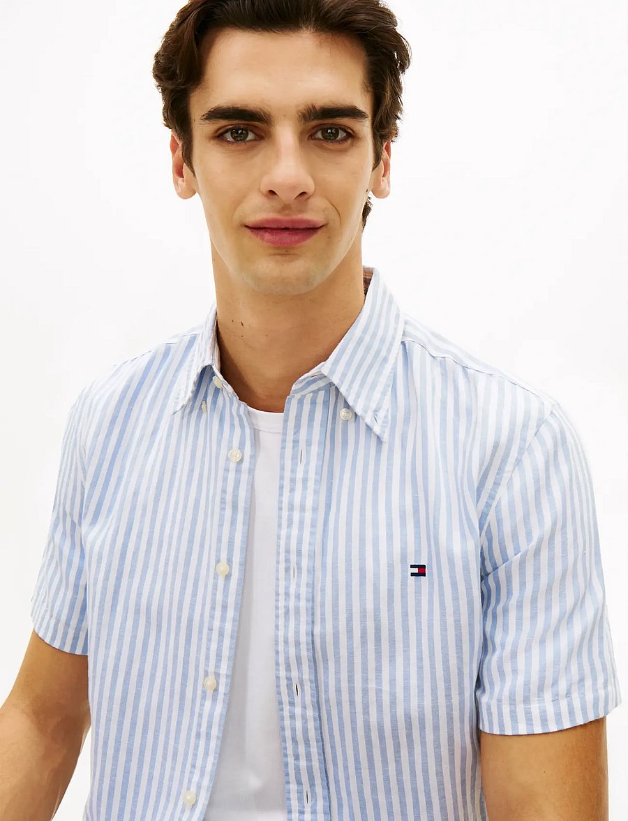 Tommy Hilfiger - LINEN BLEND BENGAL STP S/S RF - kortærmede skjorter - cloudy blue stripe - 4