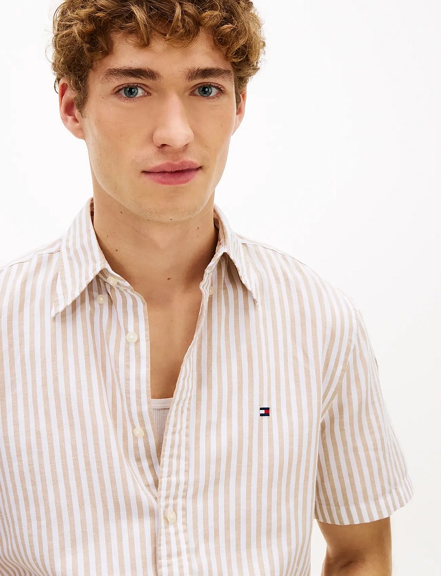 Tommy Hilfiger - LINEN BLEND BENGAL STP S/S RF - kurzarmhemden - sandalwood stripe - 4