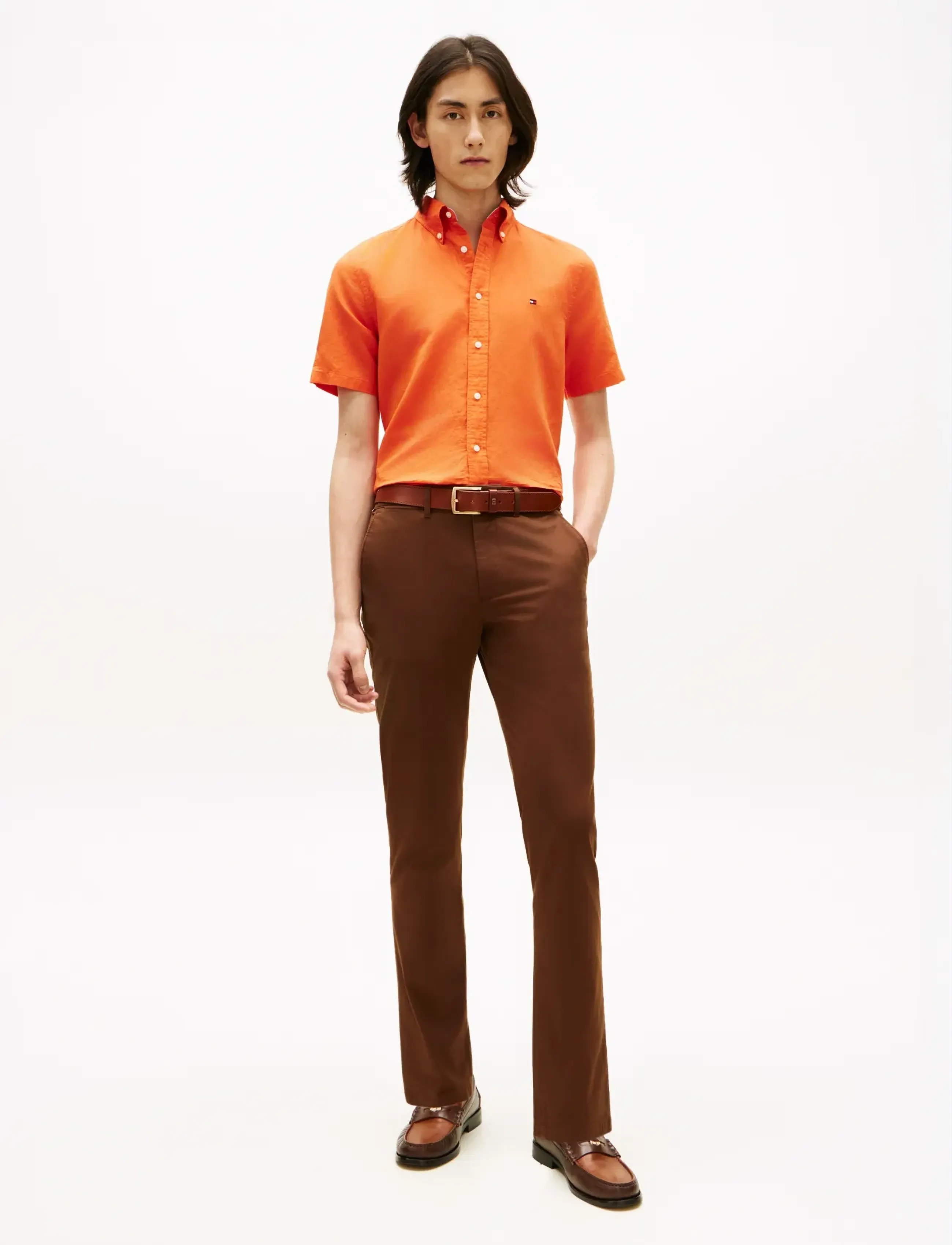 Tommy Hilfiger - LINEN BLEND SOLID SS RF SHT - short-sleeved shirts - brilliant orange - 3