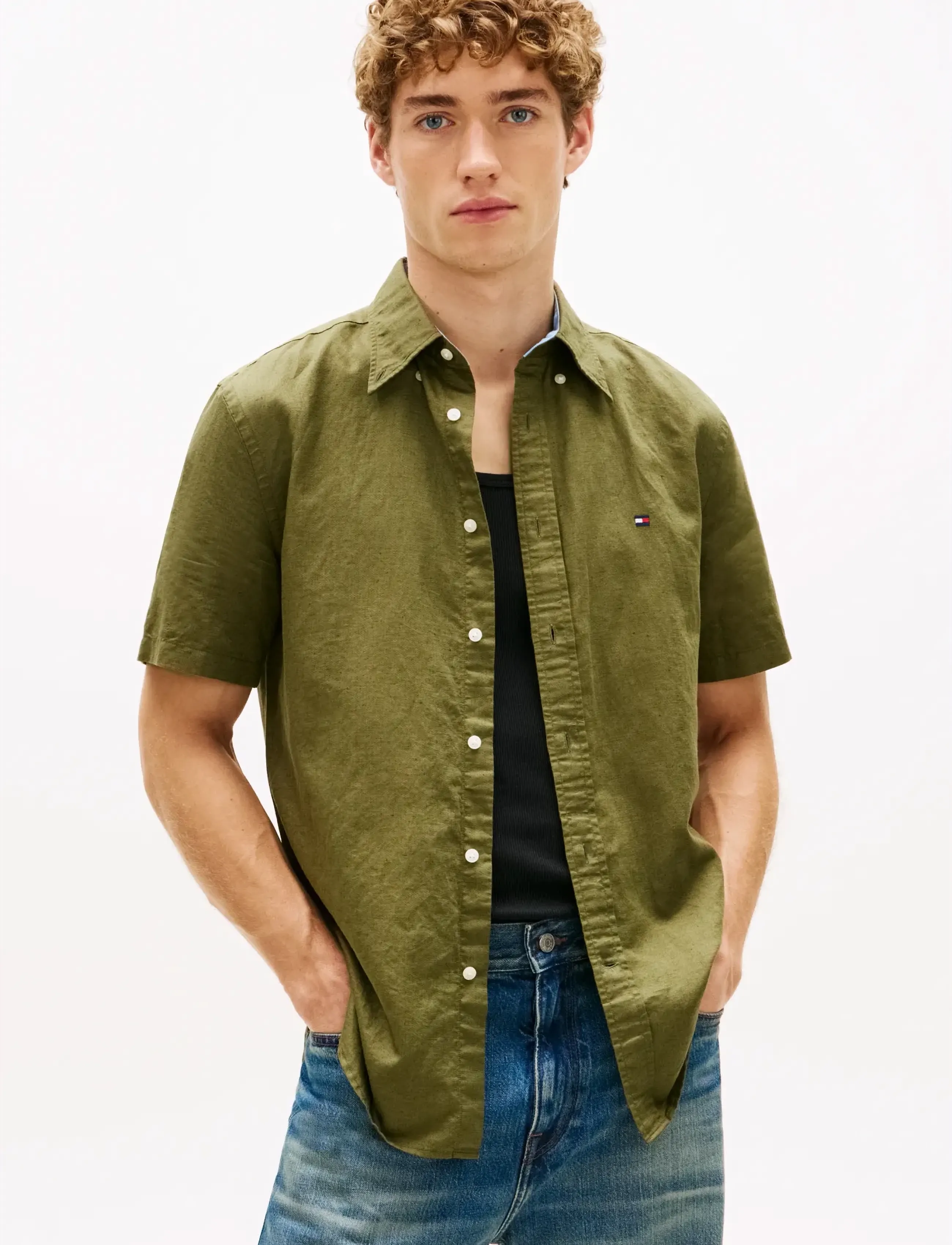 Tommy Hilfiger LINEN BLEND SOLID SS RF SHT - Kauluspaidat - DARK ARTICHOKE / khaki/green