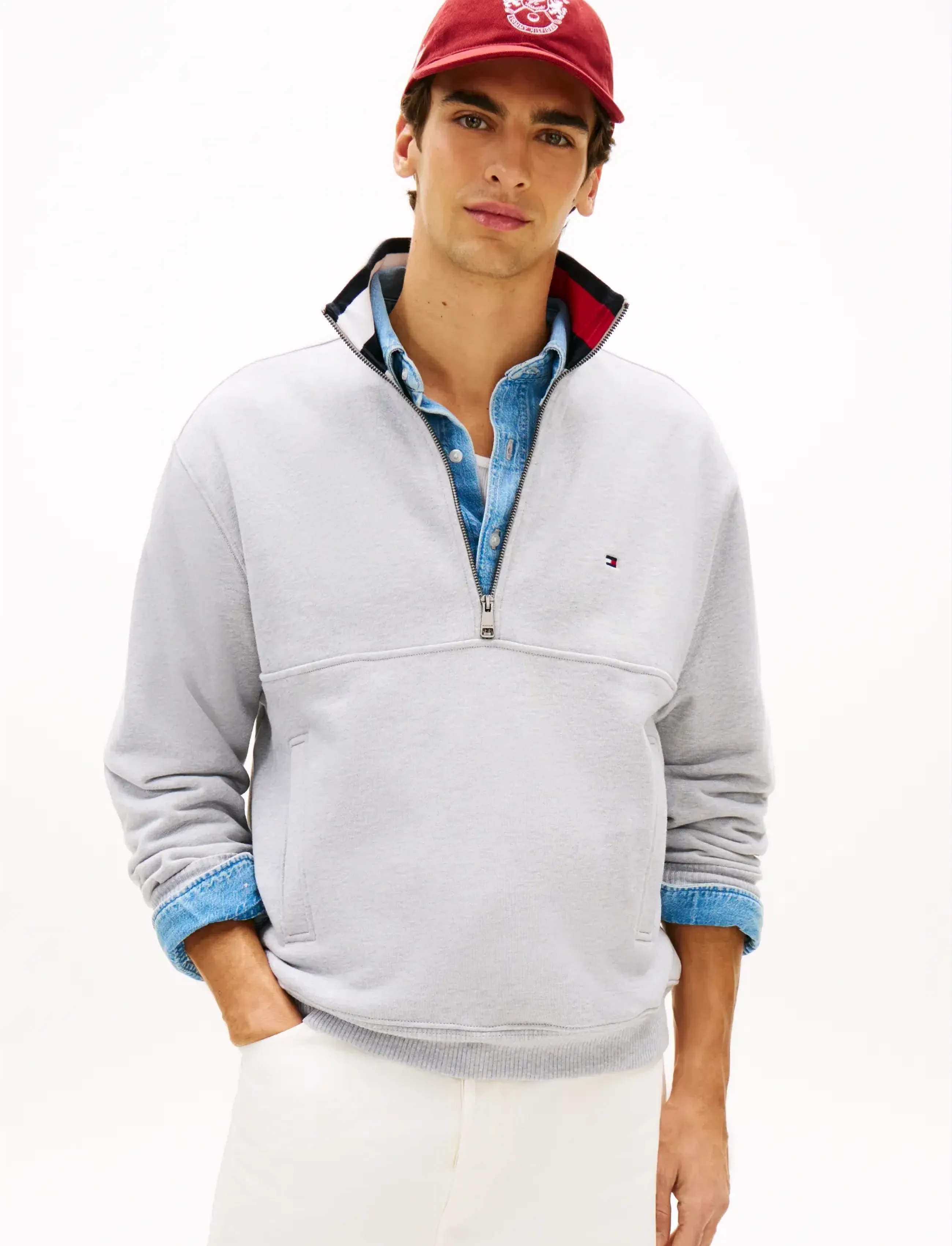 Tommy Hilfiger FLAG 1/4 ZIP - Strik - LIGHT GREY HEATHER / grey