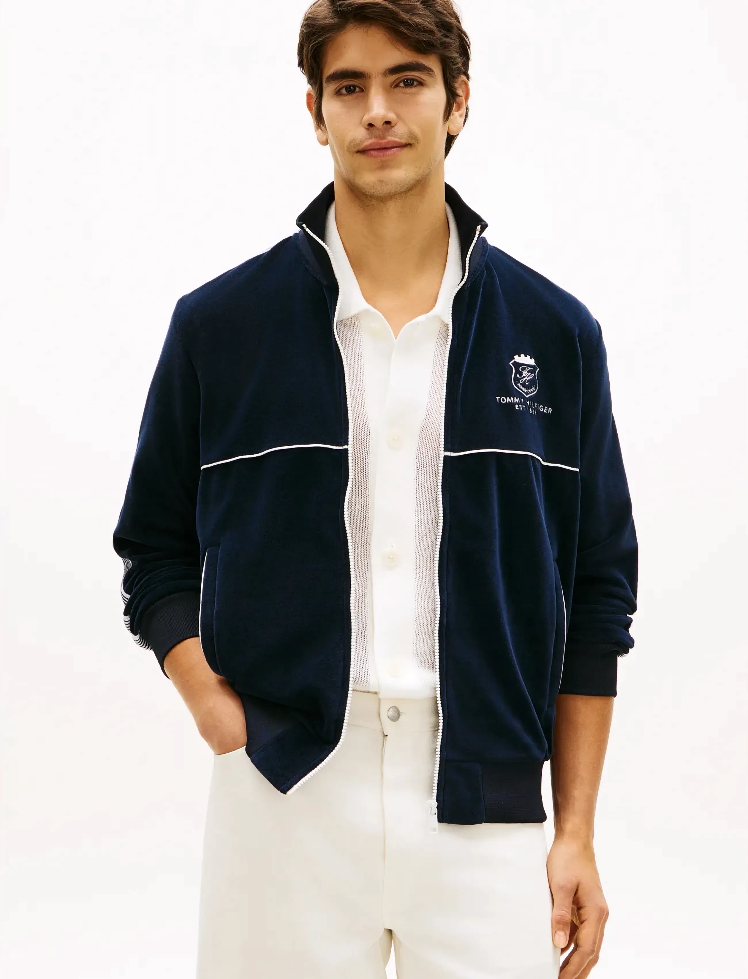 Tommy Hilfiger Velour Country Club Trackjacket, L, Sport Jackets, Marineblau - Casual Männerswear