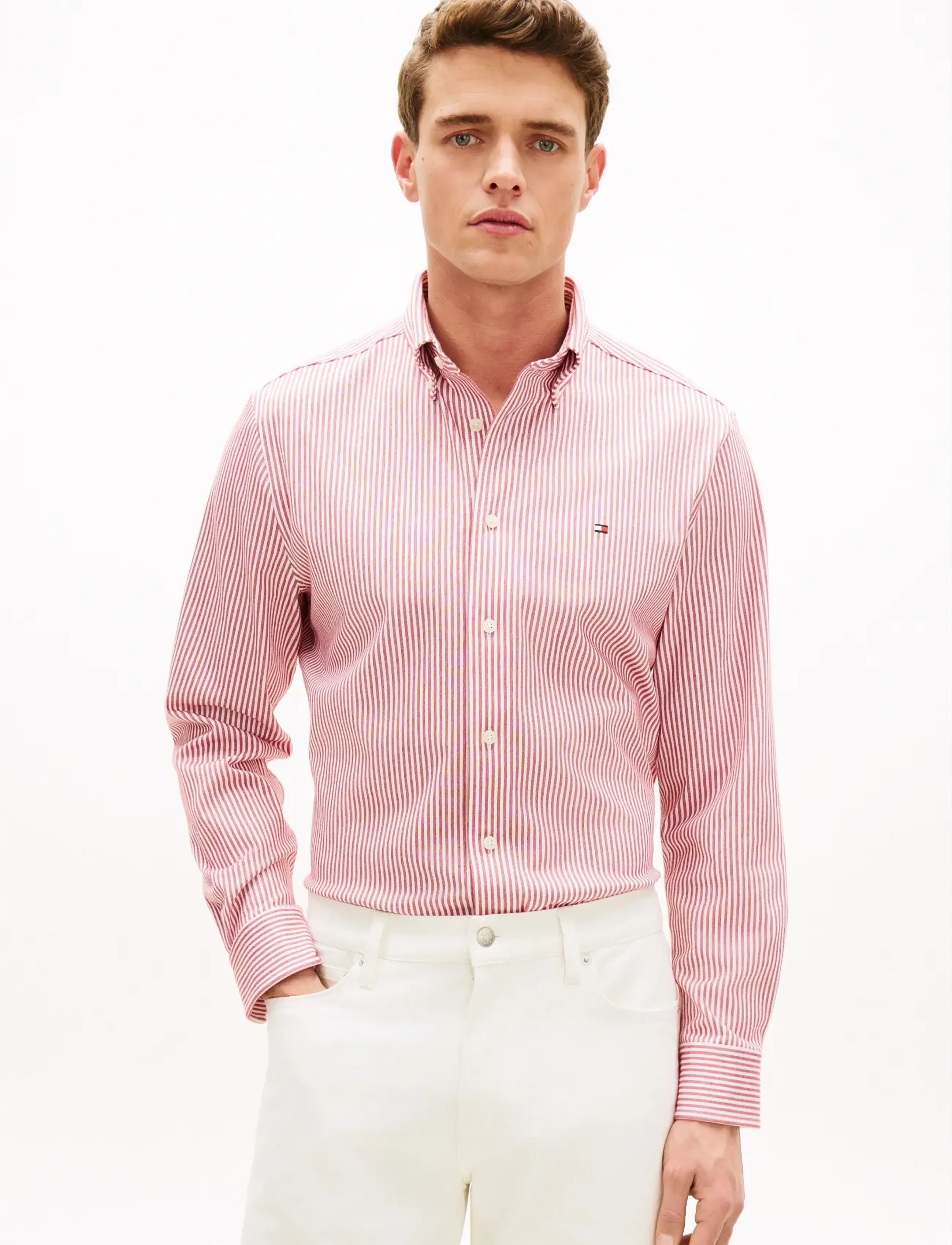 Tommy Hilfiger PERFORMANCE STRIPE PIQUE OXFORD - Särgid - MEDIUM RED   WHITE STRIPE / red