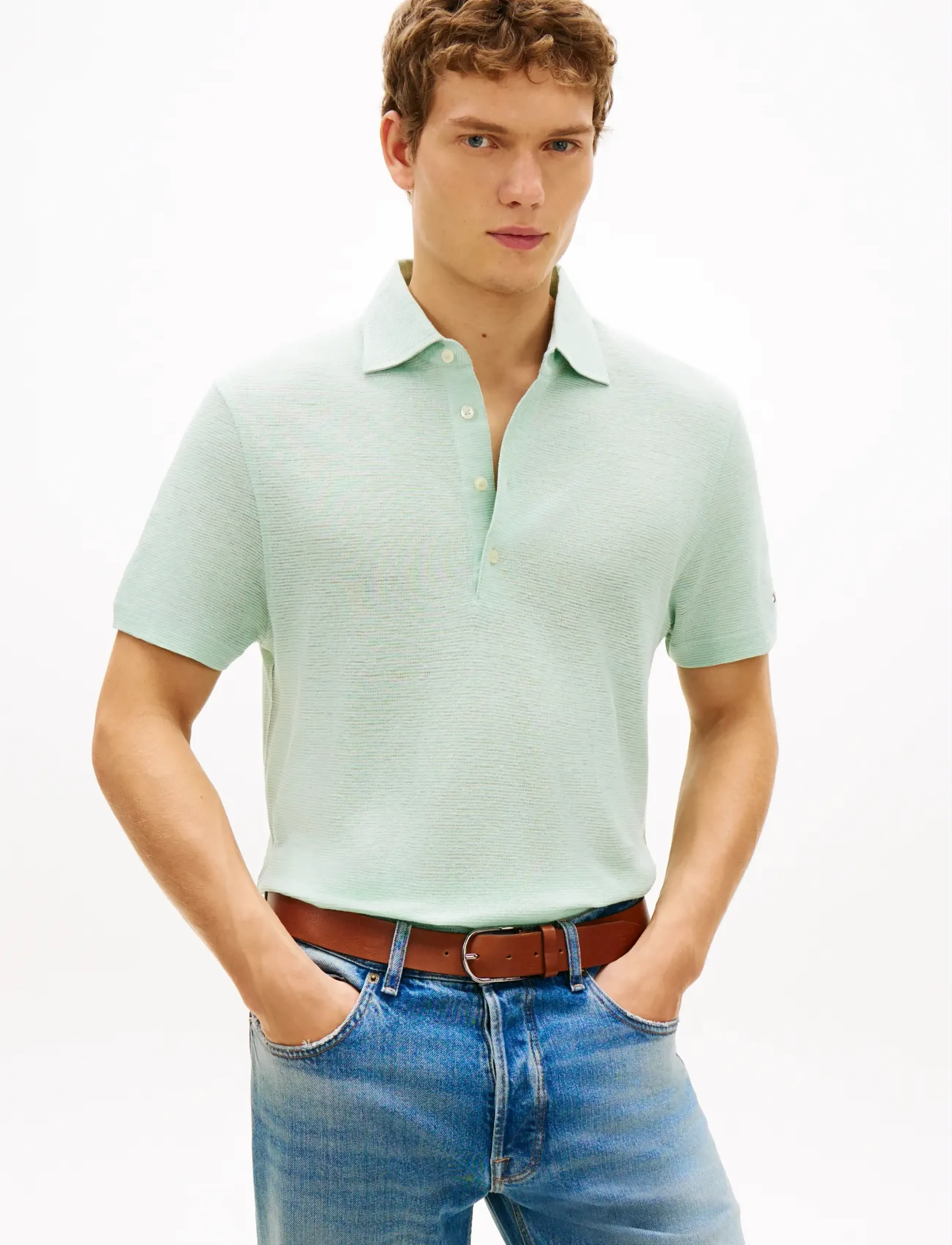 Tommy Hilfiger Dc Spread Collar Linen Polo, Mænd, Hør Polo Shirt Med Spread Krave, Grøn, Str: S